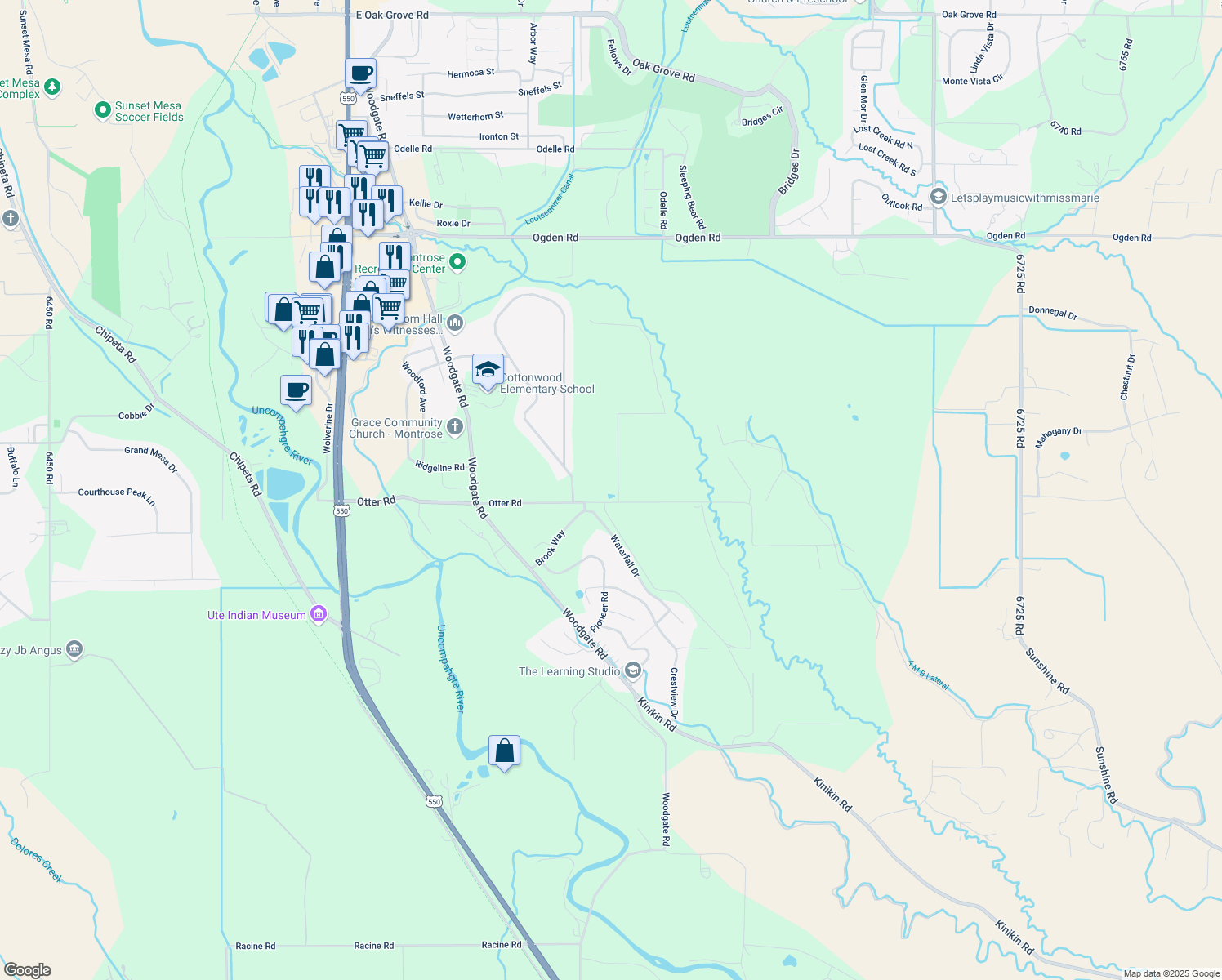 map of restaurants, bars, coffee shops, grocery stores, and more near 66159 Otter Road in Montrose