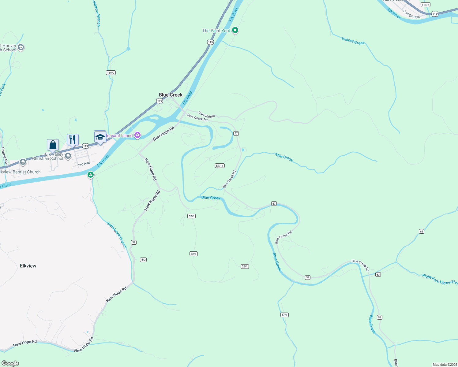 map of restaurants, bars, coffee shops, grocery stores, and more near 143 Blue Creek Rd in Elkview