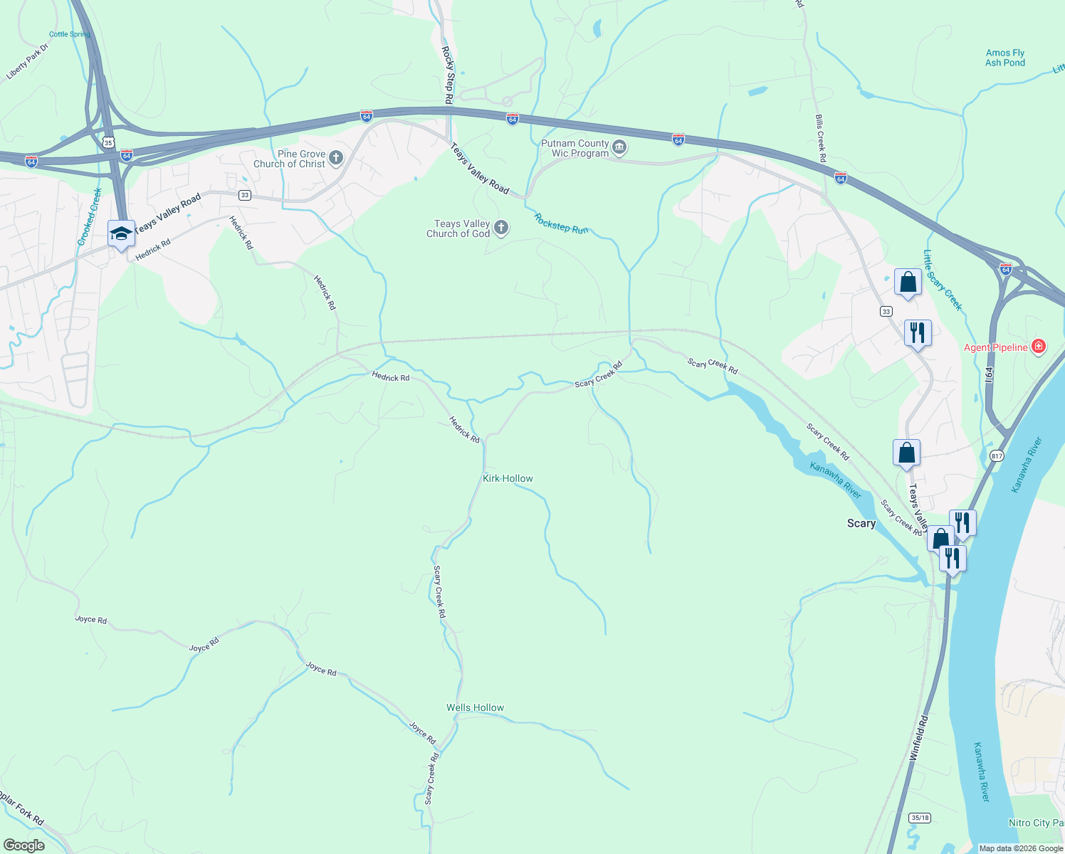 map of restaurants, bars, coffee shops, grocery stores, and more near 1833 Scary Creek Road in Scott Depot