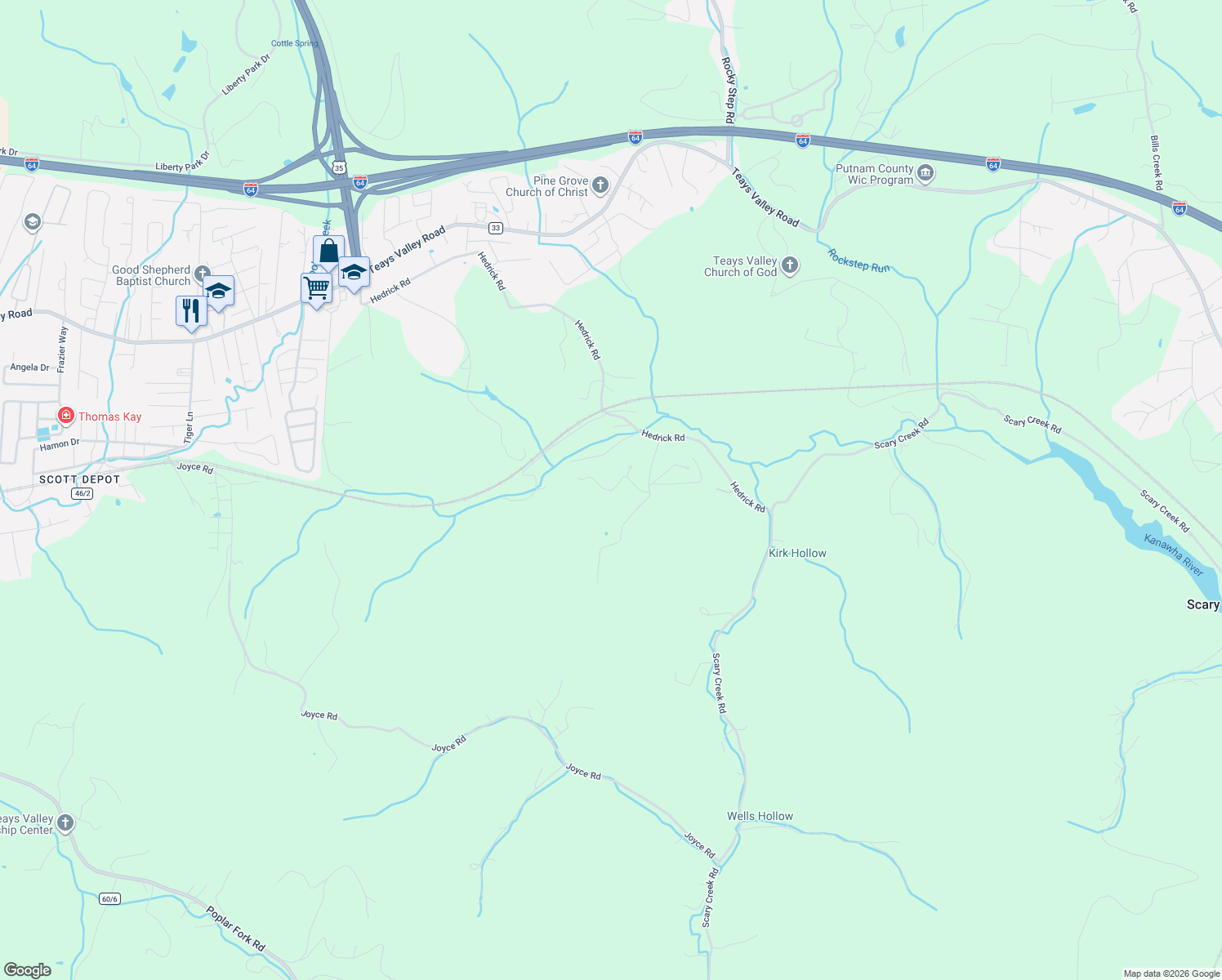 map of restaurants, bars, coffee shops, grocery stores, and more near 3 Colonial Drive in Putnam County