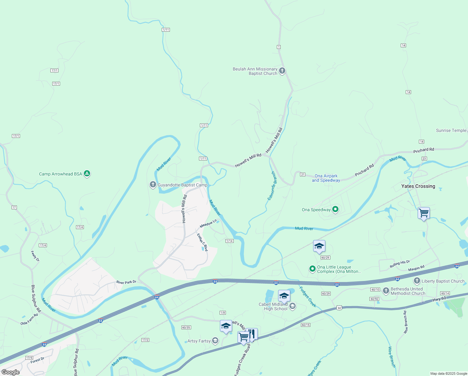 map of restaurants, bars, coffee shops, grocery stores, and more near 3530 Howells Mill Rd in Ona