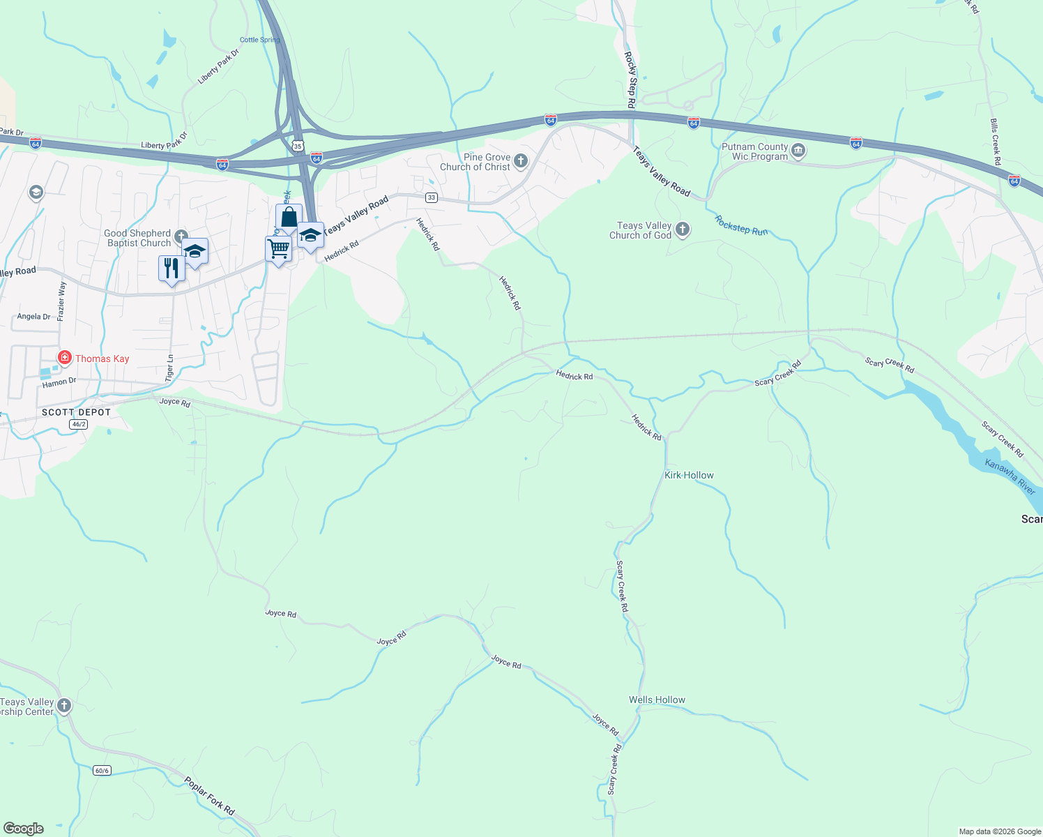 map of restaurants, bars, coffee shops, grocery stores, and more near 92 Colonial Oaks in Putnam County