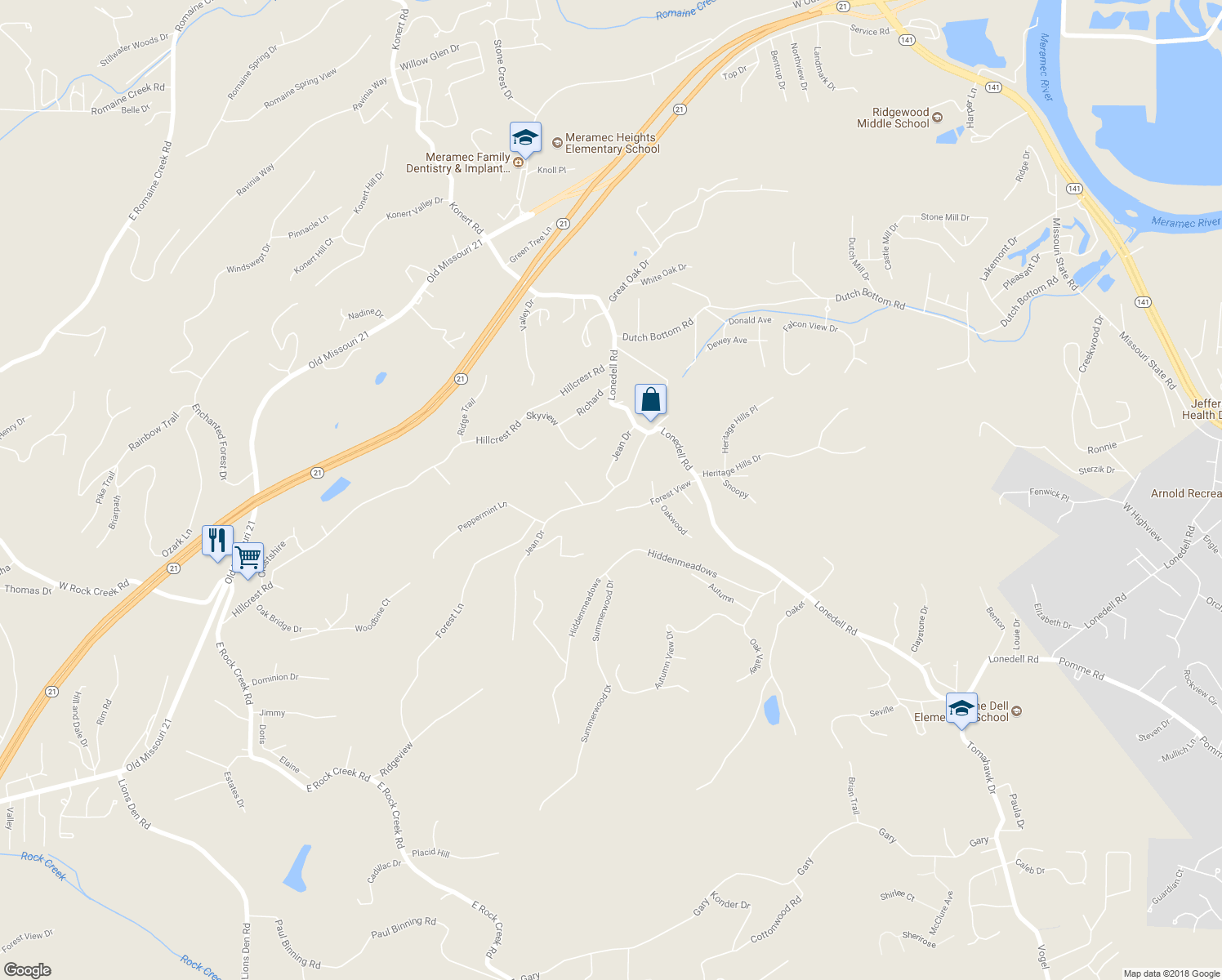 map of restaurants, bars, coffee shops, grocery stores, and more near 1841 Jean Drive in Arnold