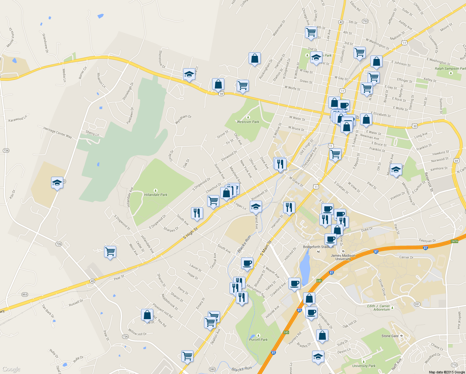 map of restaurants, bars, coffee shops, grocery stores, and more near 320 Sunrise Avenue in Harrisonburg