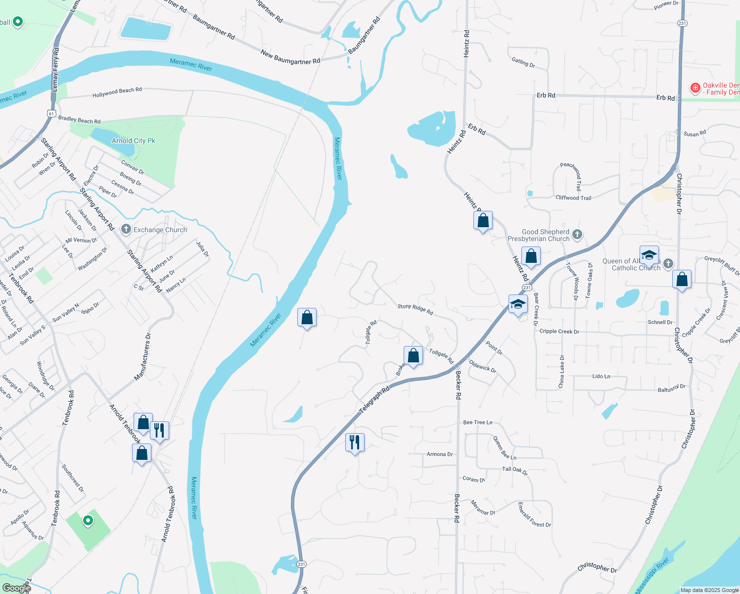 map of restaurants, bars, coffee shops, grocery stores, and more near 1 Duffview Court in St. Louis