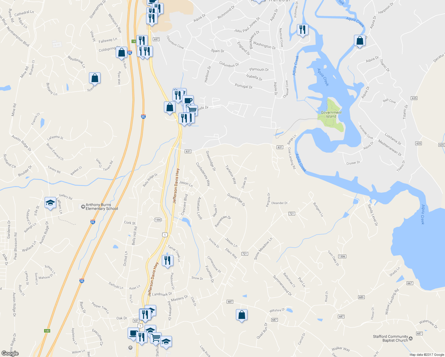 map of restaurants, bars, coffee shops, grocery stores, and more near 53 Greenridge Drive in Stafford