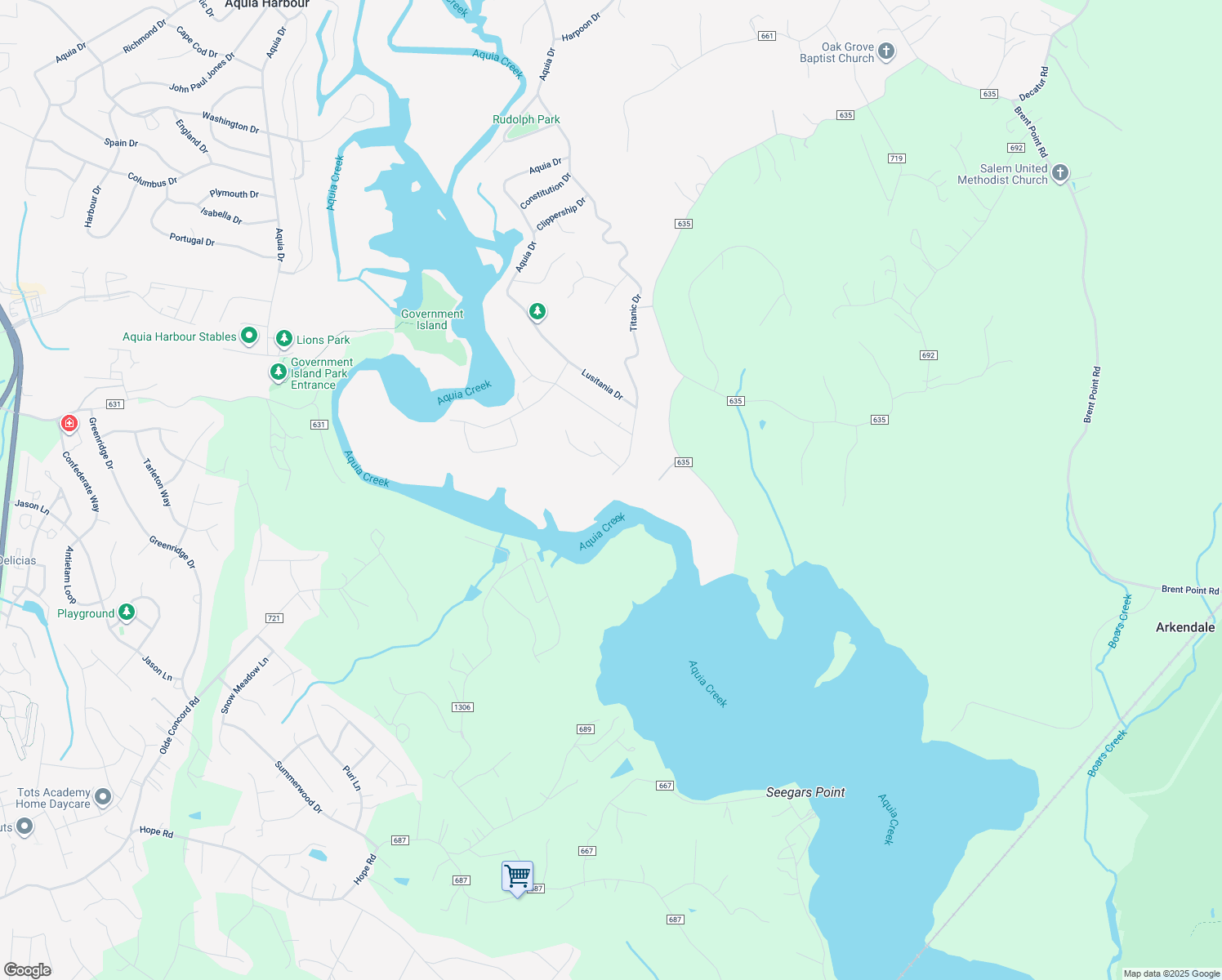 map of restaurants, bars, coffee shops, grocery stores, and more near 3420 Titanic Drive in Stafford