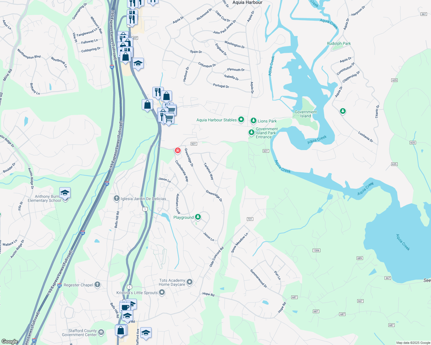 map of restaurants, bars, coffee shops, grocery stores, and more near 4 Edgecliff Lane in Stafford