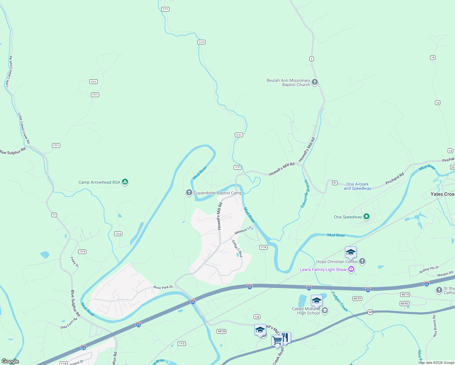map of restaurants, bars, coffee shops, grocery stores, and more near Christian Camp Rd in Ona