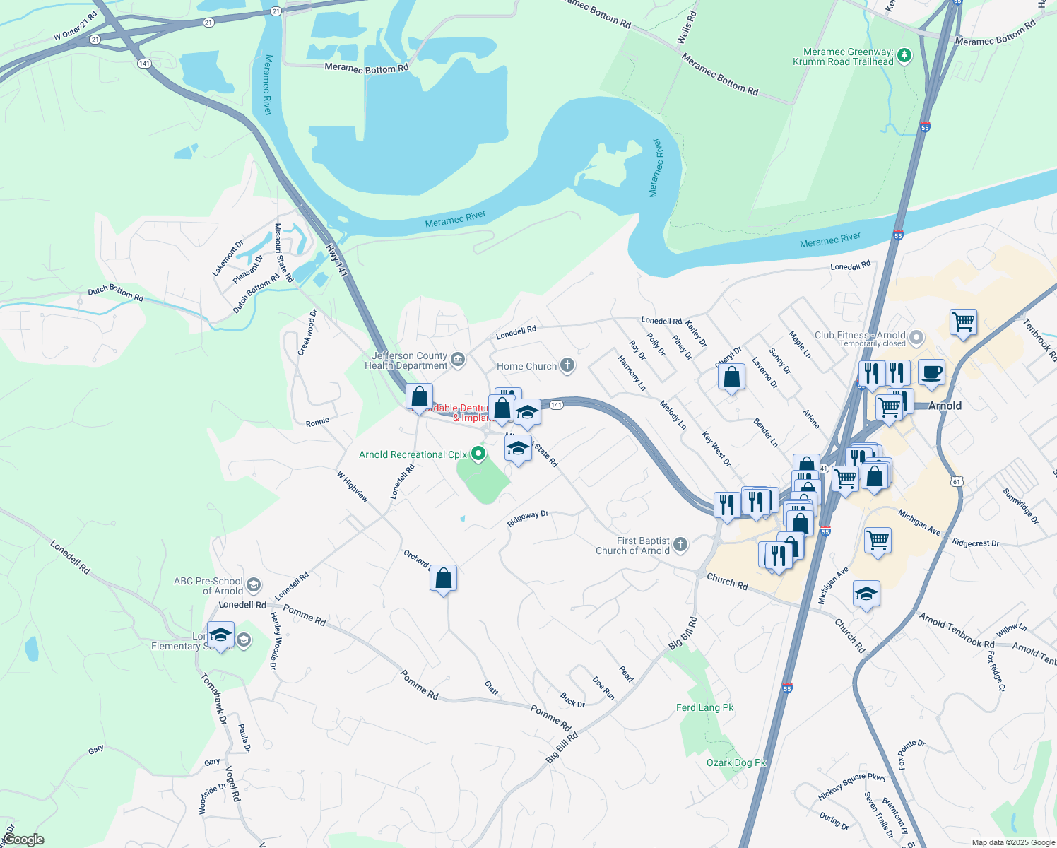 map of restaurants, bars, coffee shops, grocery stores, and more near 1760 Astra Way in Arnold