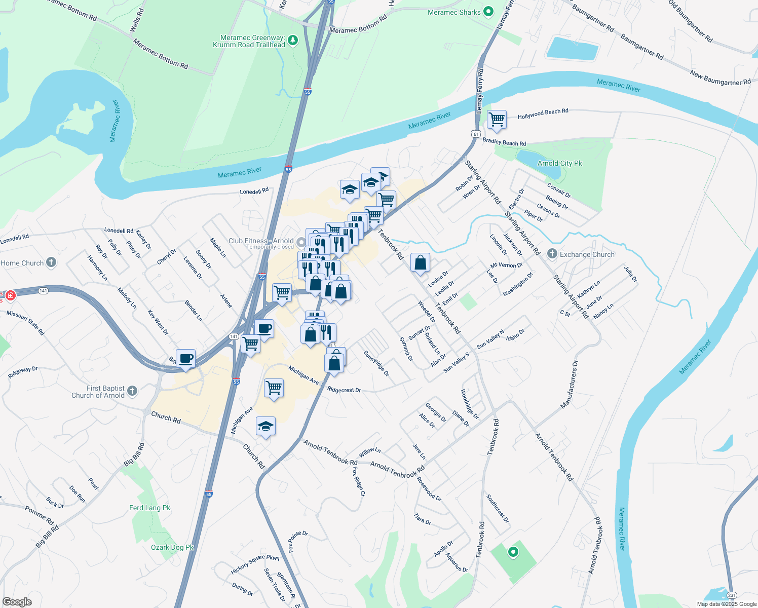 map of restaurants, bars, coffee shops, grocery stores, and more near 888 Hill Ct in Arnold