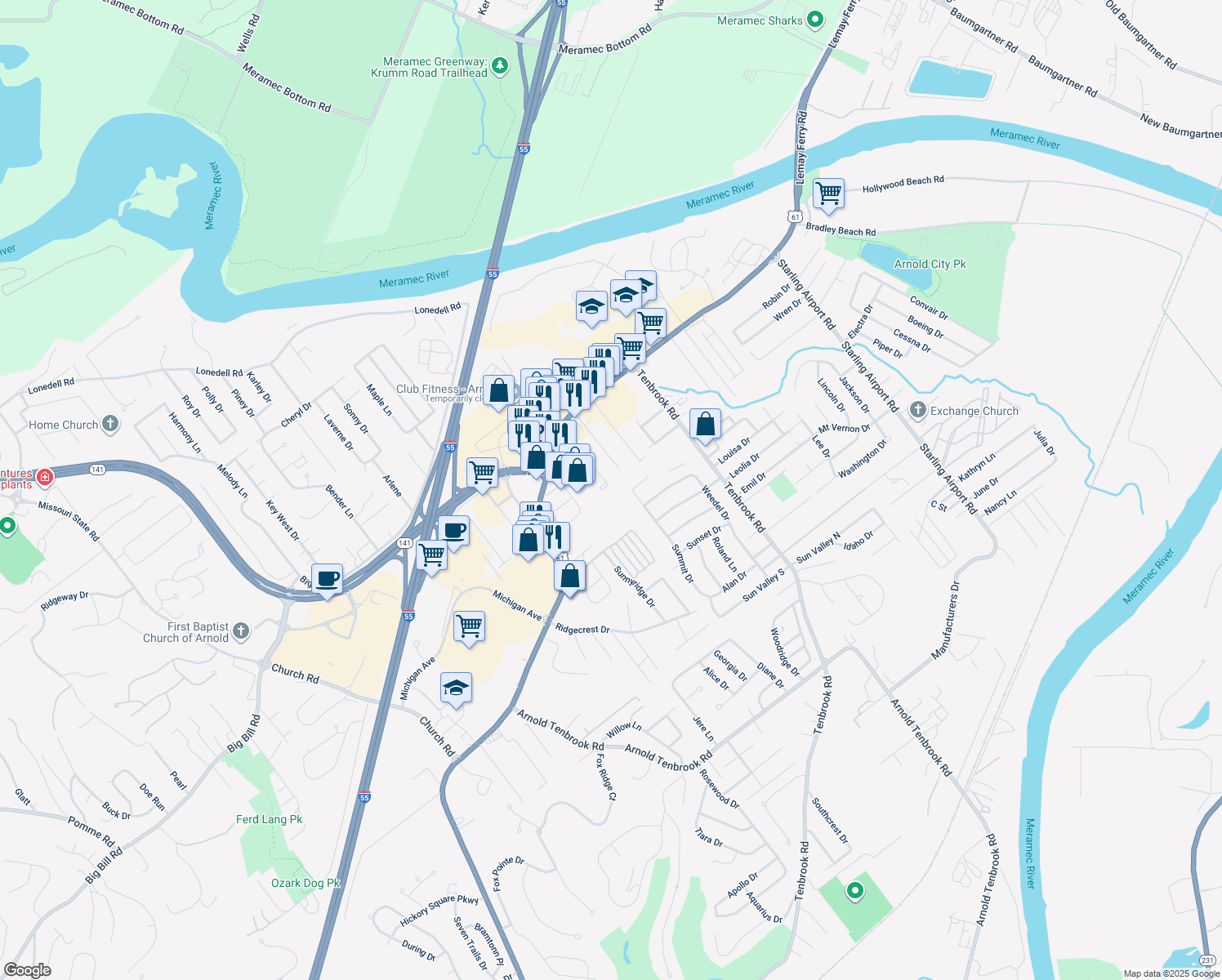 map of restaurants, bars, coffee shops, grocery stores, and more near 2115 Berrywood Ct in Arnold