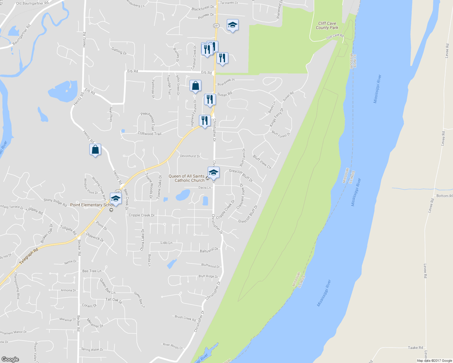map of restaurants, bars, coffee shops, grocery stores, and more near 122 Greycliff Bluff Dr in St Louis