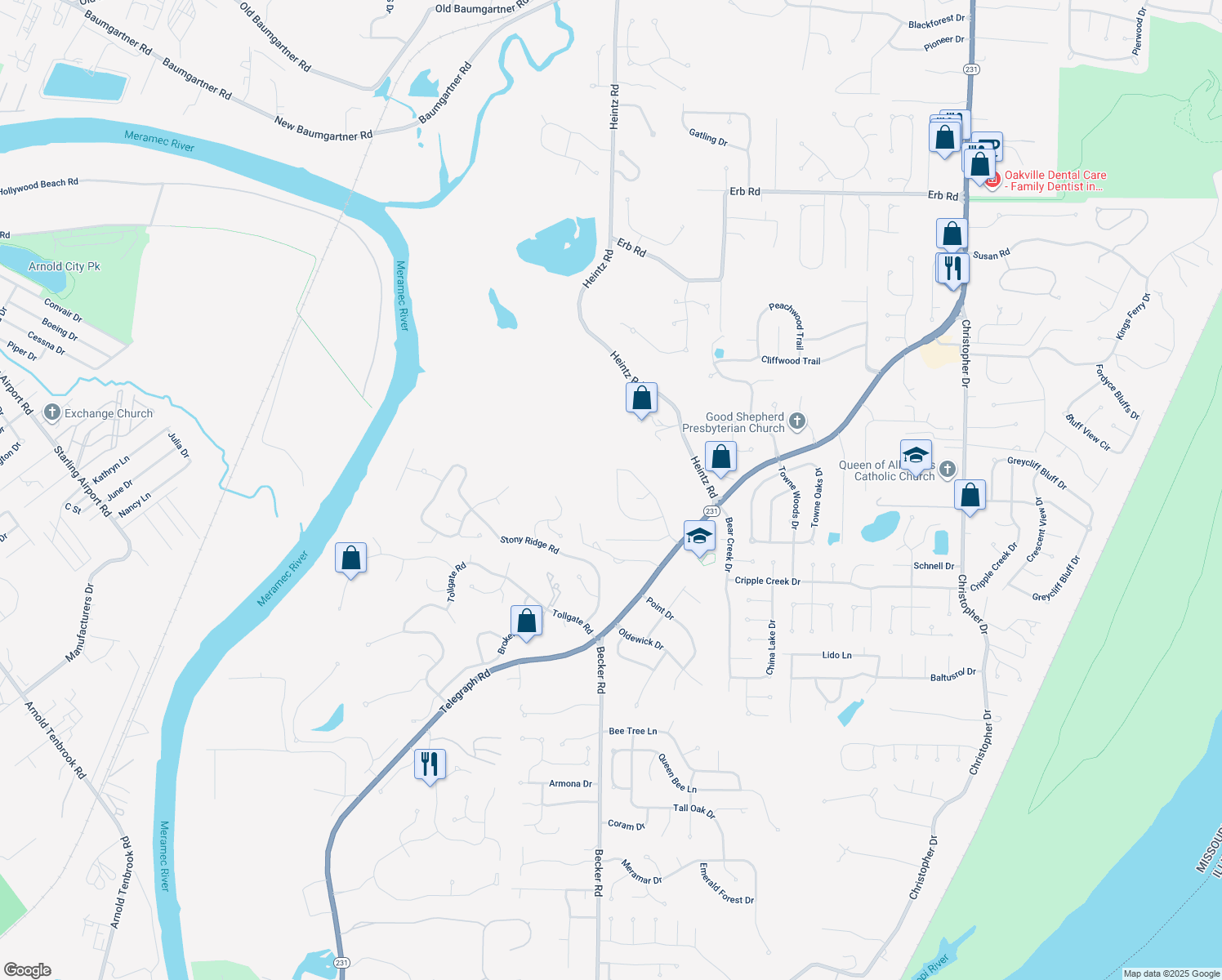 map of restaurants, bars, coffee shops, grocery stores, and more near 3046 Windsor Point Dr in St Louis