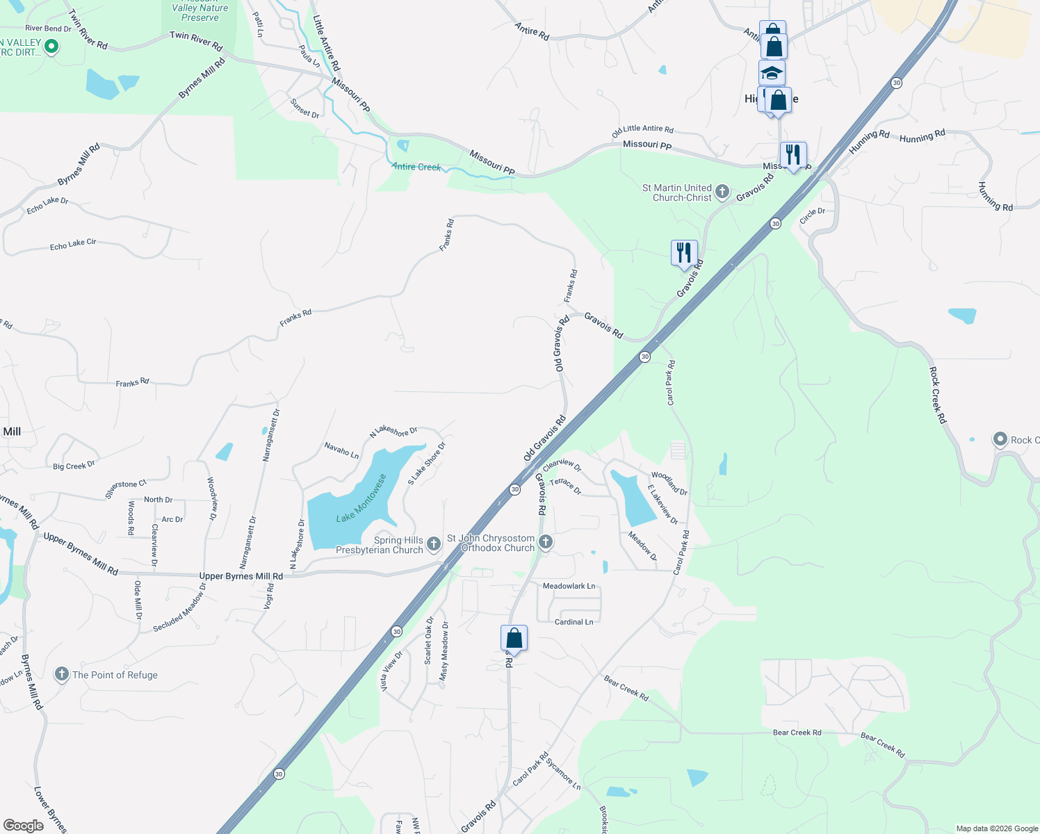 map of restaurants, bars, coffee shops, grocery stores, and more near 3627 Gravois Road in Byrnes Mill