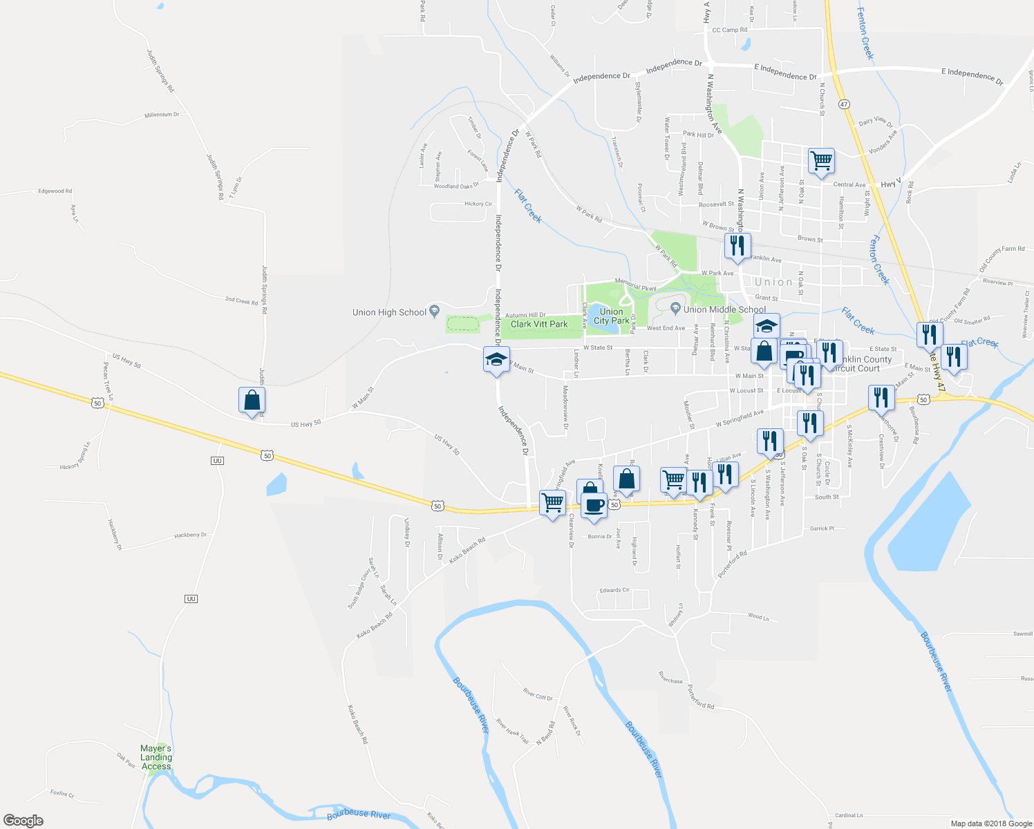 map of restaurants, bars, coffee shops, grocery stores, and more near 103 Grand Central Drive in Union