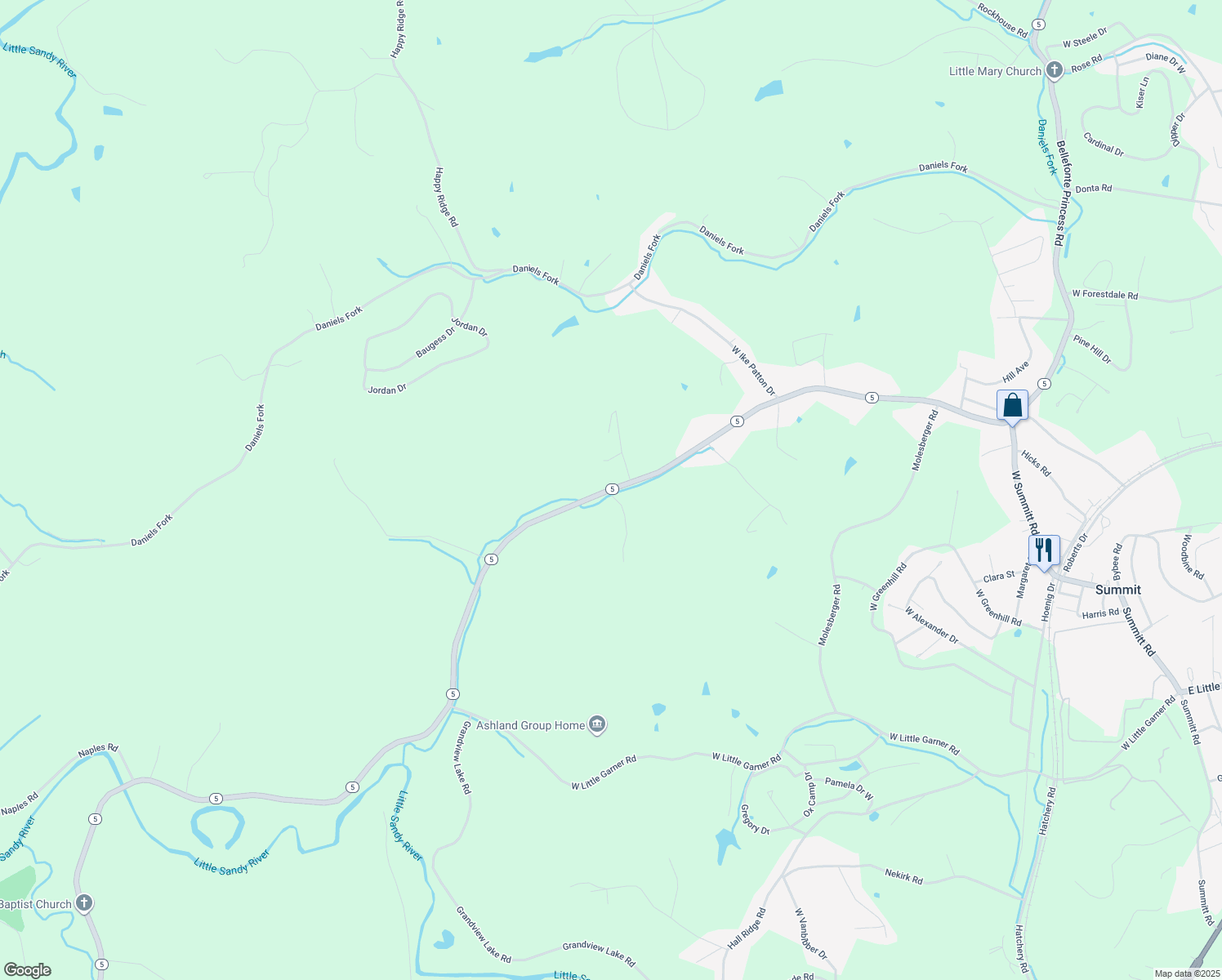 map of restaurants, bars, coffee shops, grocery stores, and more near 6738-6742 Highway 5 in Ashland