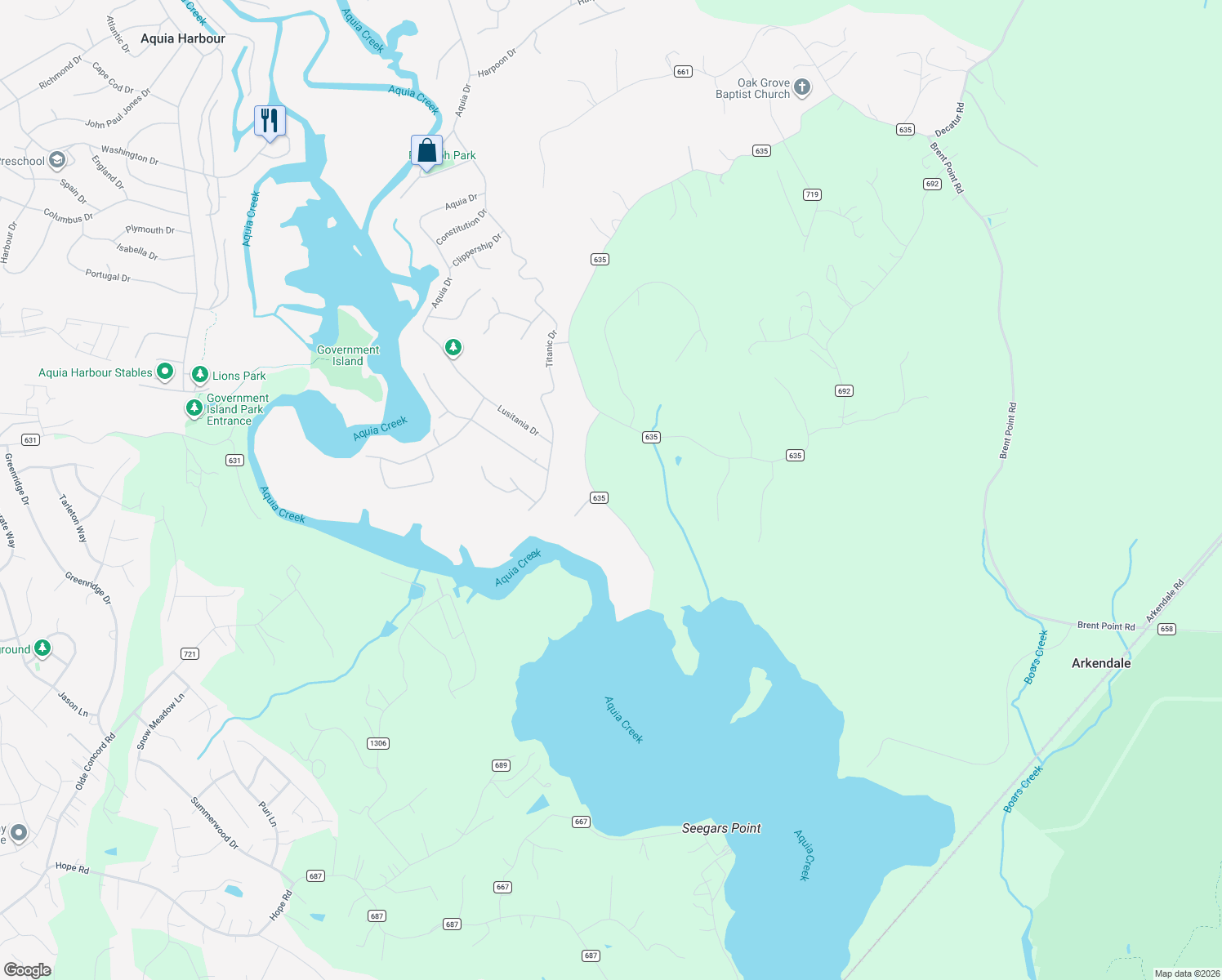 map of restaurants, bars, coffee shops, grocery stores, and more near 53 Indian View Court in Stafford