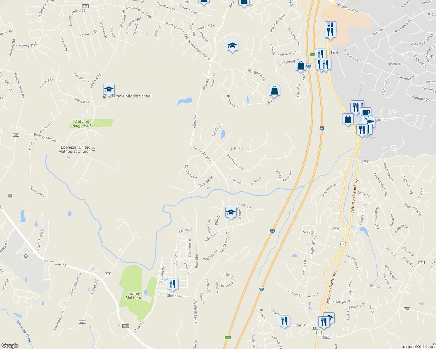 map of restaurants, bars, coffee shops, grocery stores, and more near 11 Patriot Way in Stafford