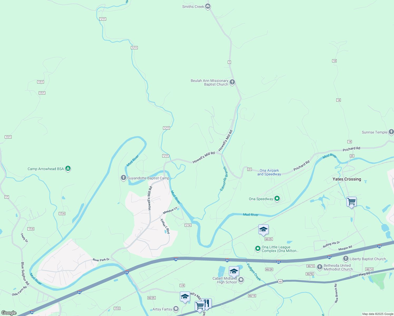 map of restaurants, bars, coffee shops, grocery stores, and more near 3530 Howells Mill Rd in Ona