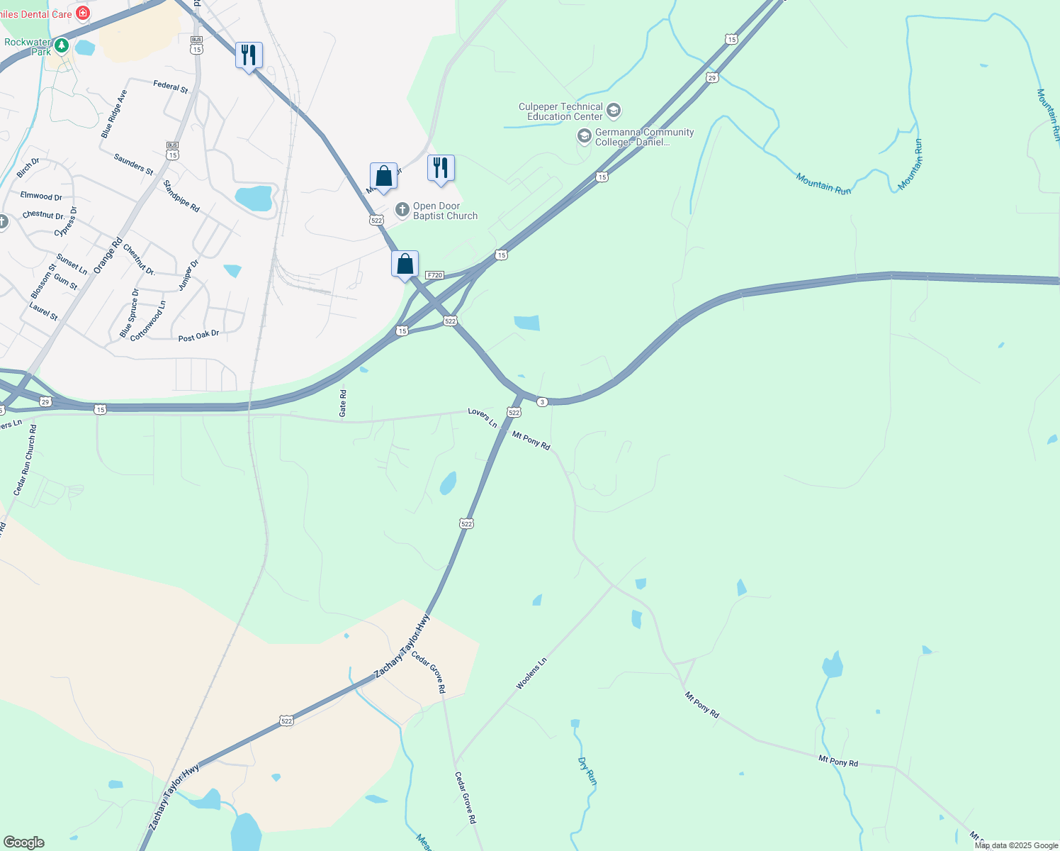 map of restaurants, bars, coffee shops, grocery stores, and more near 18505 Mount Pony Road in Culpeper