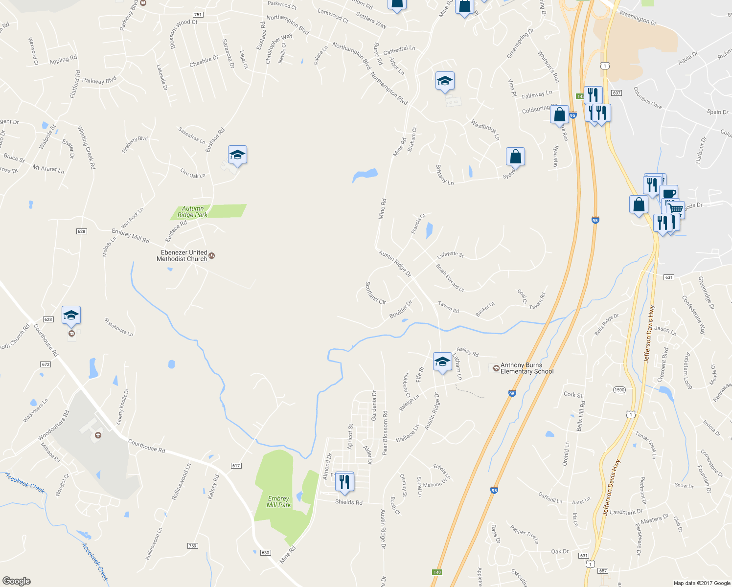map of restaurants, bars, coffee shops, grocery stores, and more near 28 Scotland Circle in Stafford