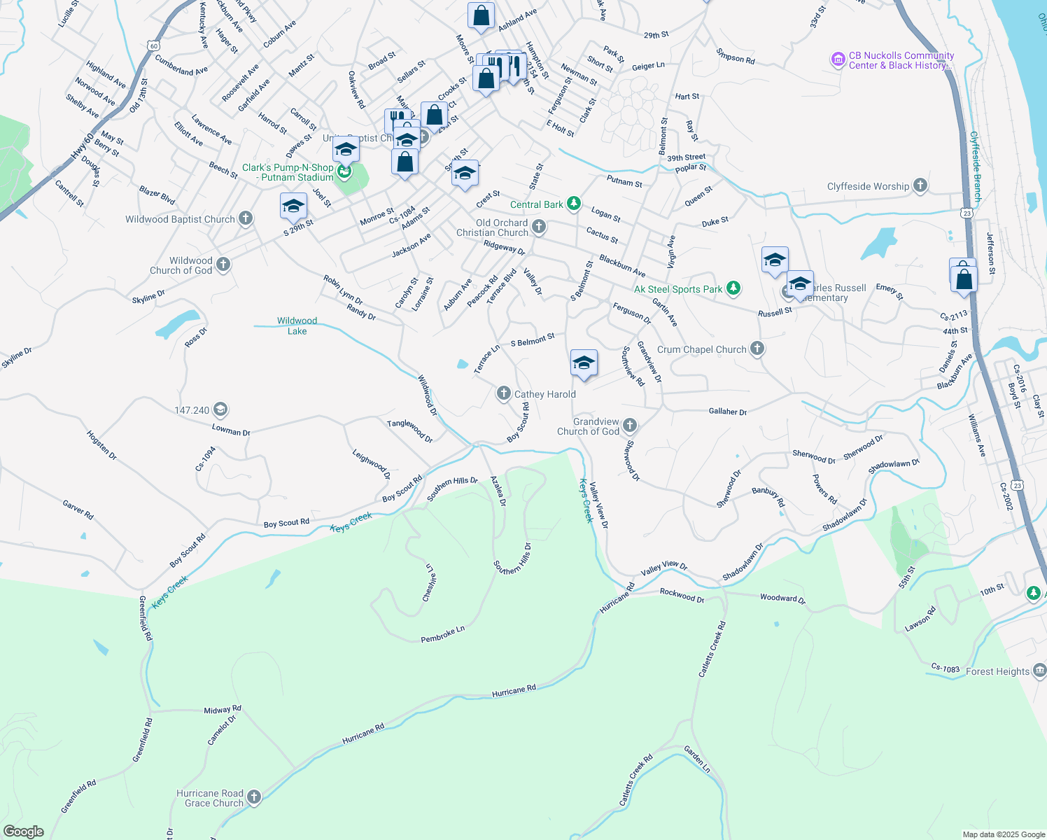 map of restaurants, bars, coffee shops, grocery stores, and more near 3798 Greenbriar Rd in Ashland