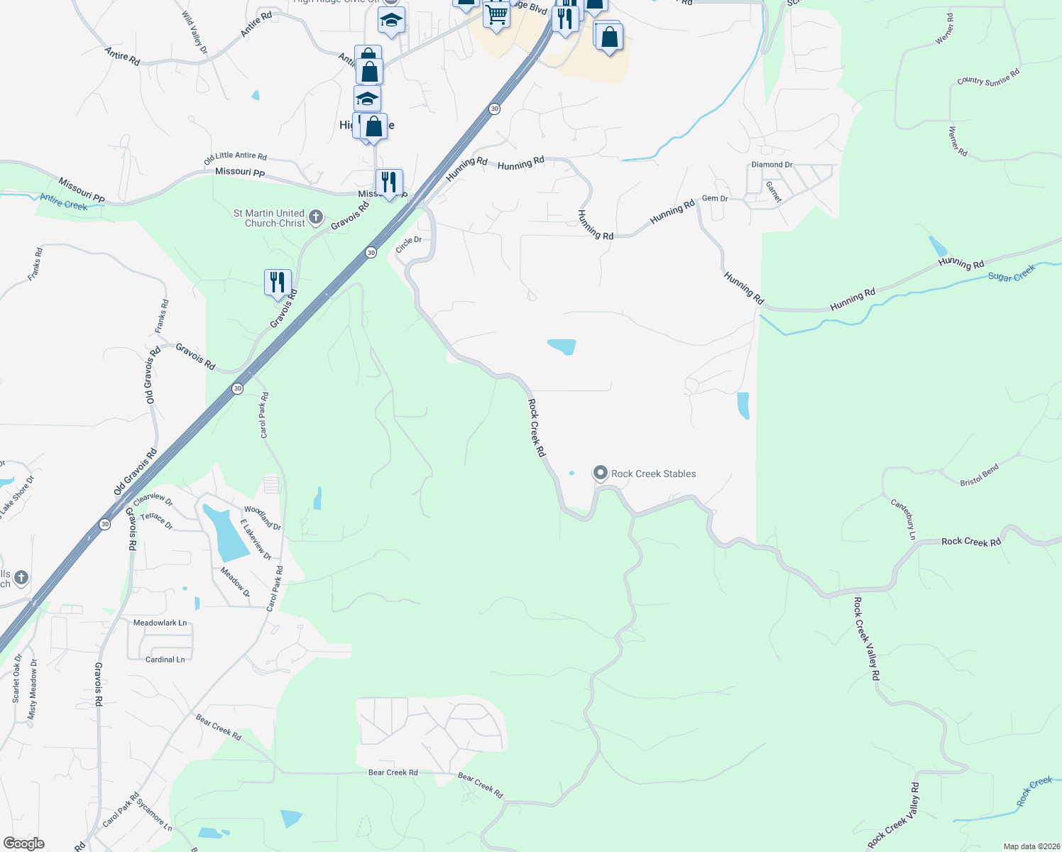map of restaurants, bars, coffee shops, grocery stores, and more near 3513 Rock Creek Road in High Ridge