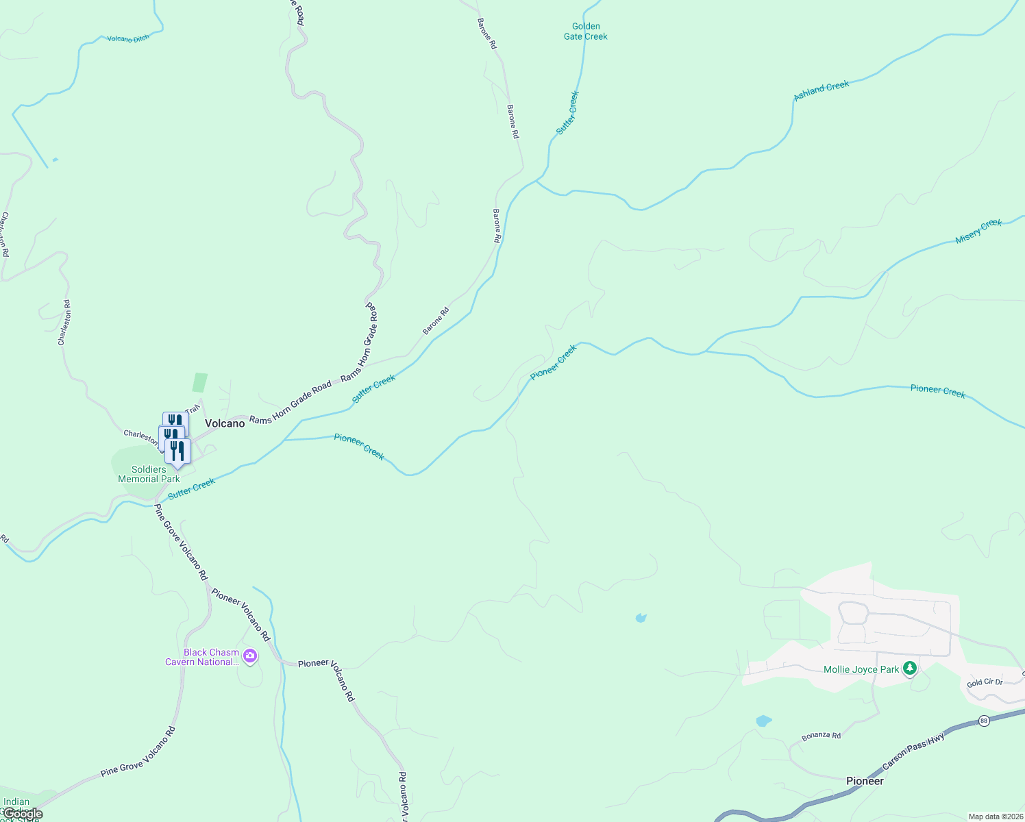 map of restaurants, bars, coffee shops, grocery stores, and more near 15506 Pioneer Volcano Road in Pioneer