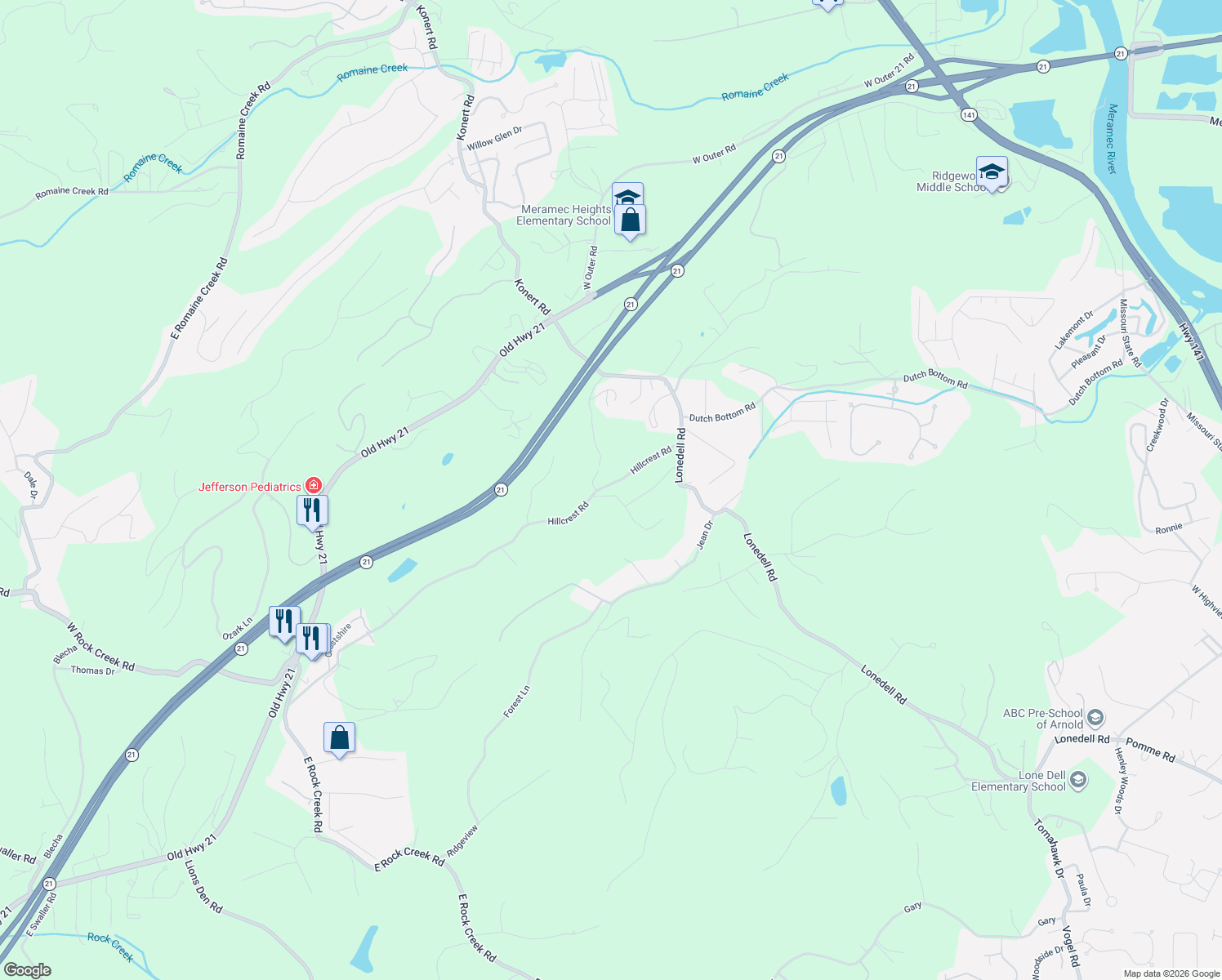 map of restaurants, bars, coffee shops, grocery stores, and more near 4631 Skyview in Arnold