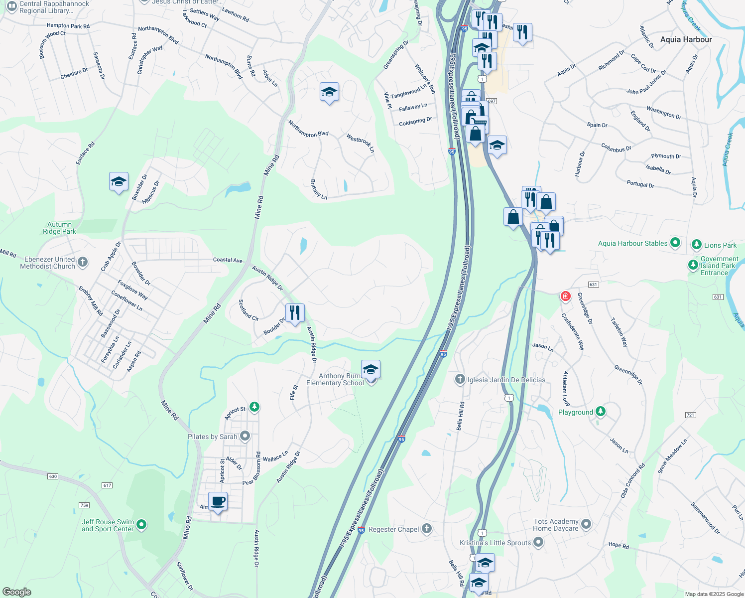 map of restaurants, bars, coffee shops, grocery stores, and more near 64 Brush Everard Court in Stafford