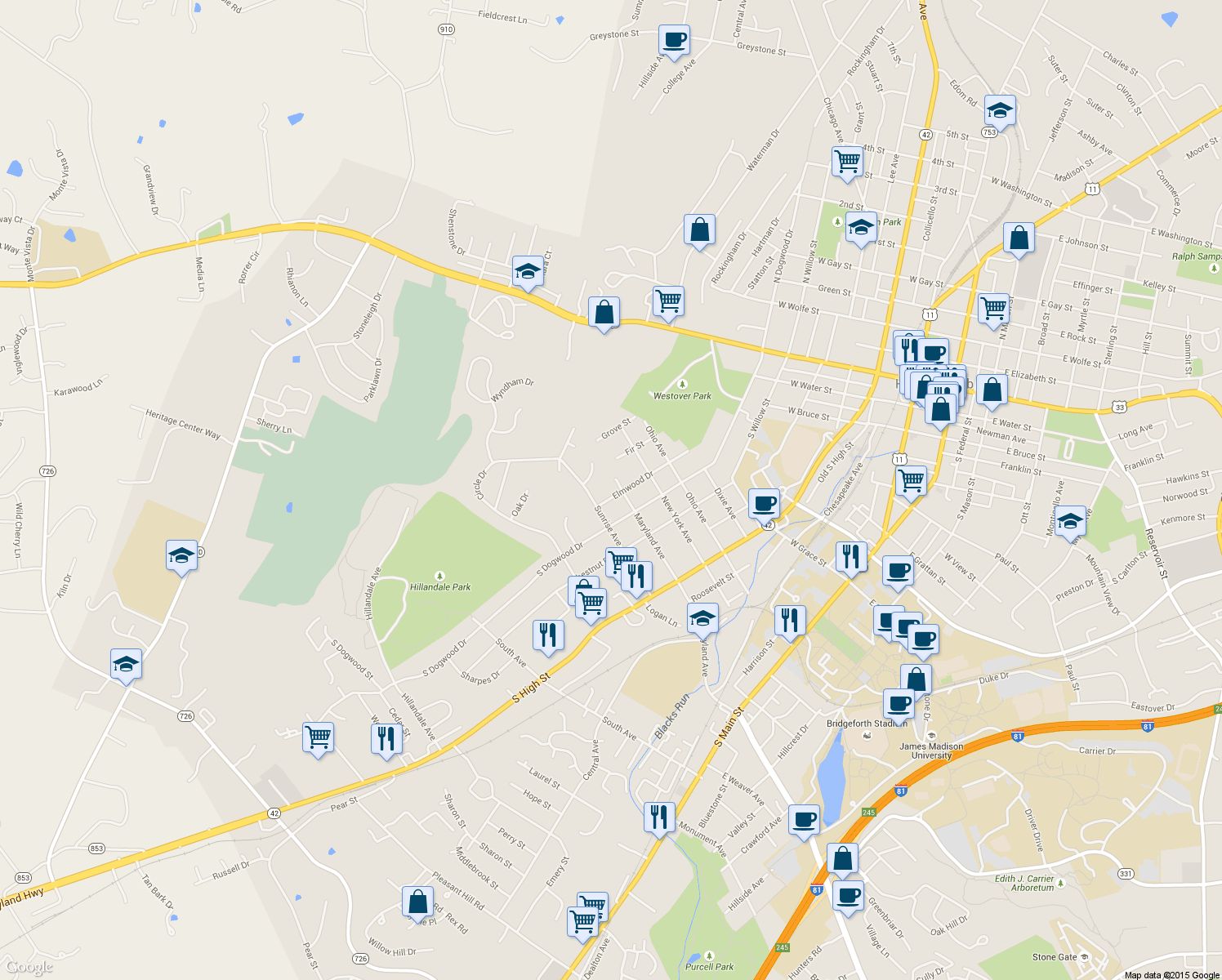 map of restaurants, bars, coffee shops, grocery stores, and more near 825 Elmwood Dr in Harrisonburg