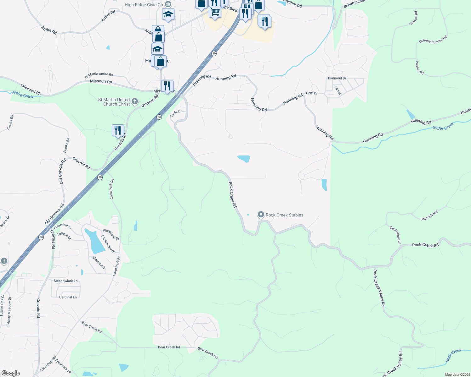 map of restaurants, bars, coffee shops, grocery stores, and more near 3513 Rock Creek Road in High Ridge