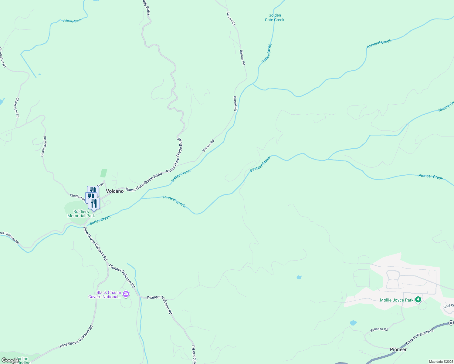 map of restaurants, bars, coffee shops, grocery stores, and more near 15506 Pioneer Volcano Road in Pioneer