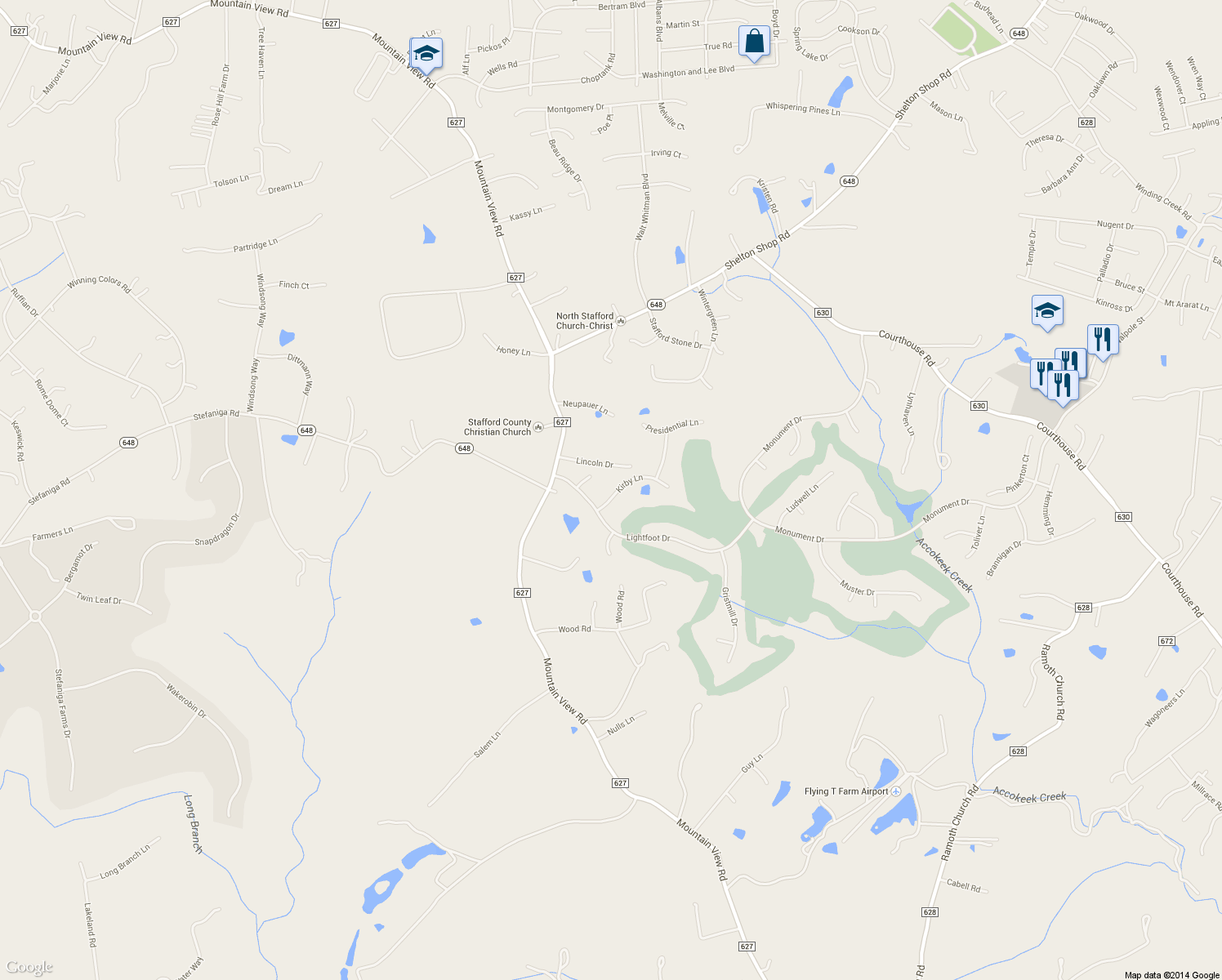 map of restaurants, bars, coffee shops, grocery stores, and more near 21 Kirby Lane in Stafford