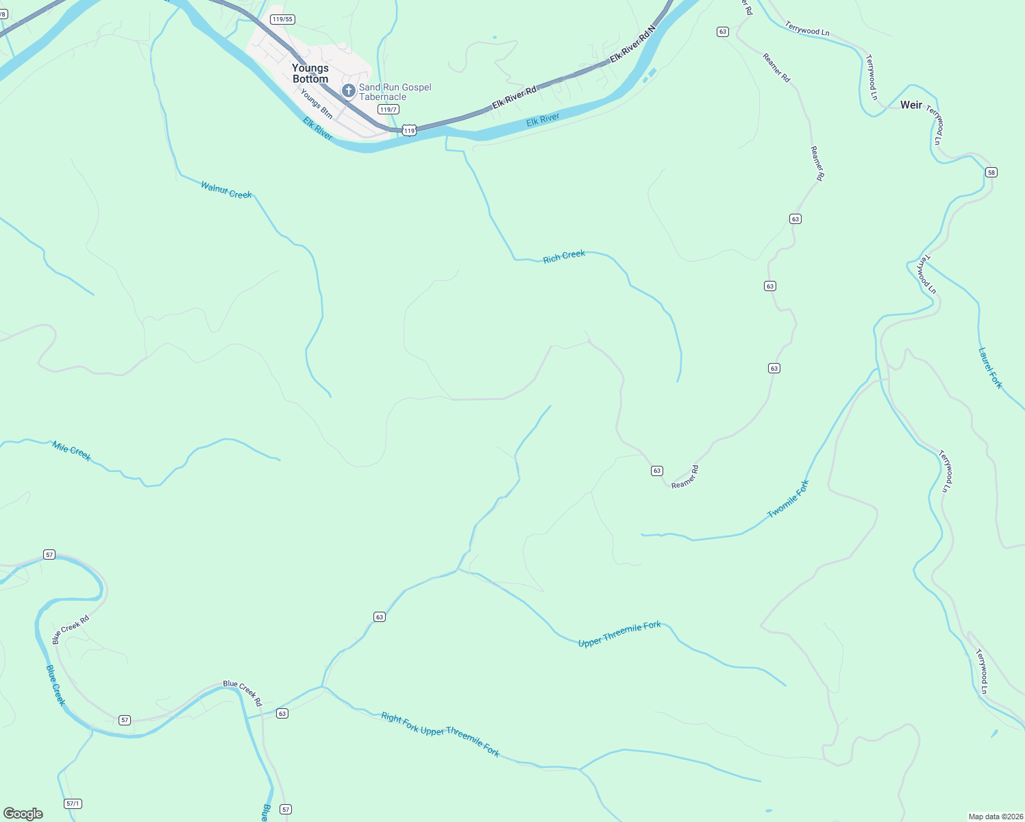 map of restaurants, bars, coffee shops, grocery stores, and more near 1859 Three Mile Road in Elkview