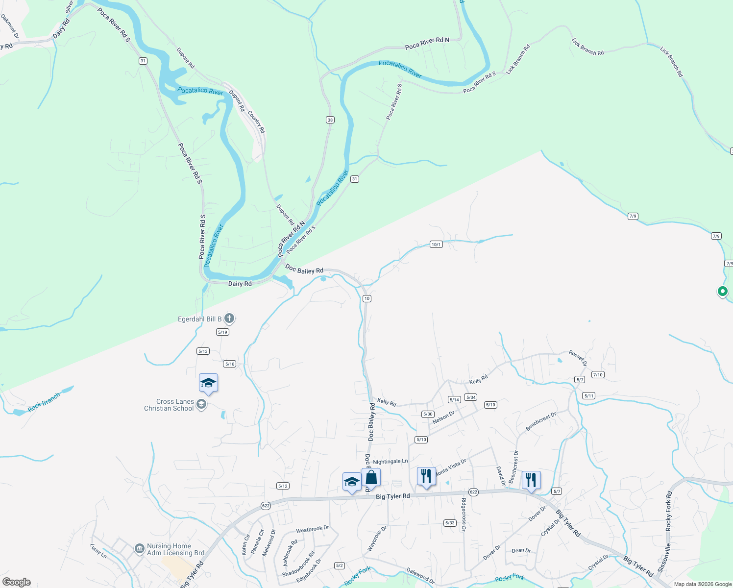 map of restaurants, bars, coffee shops, grocery stores, and more near 5398 Doc Bailey Road in Cross Lanes