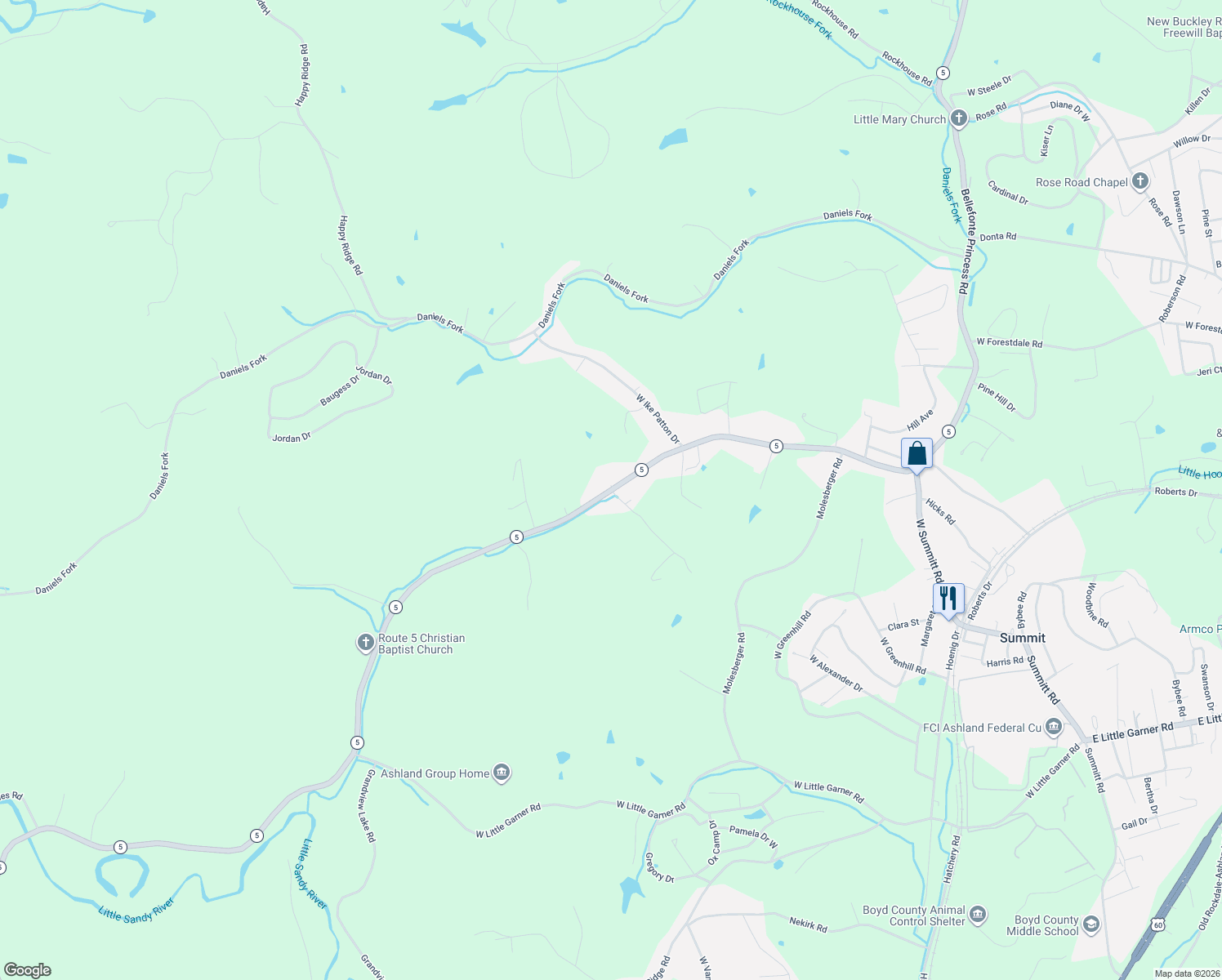 map of restaurants, bars, coffee shops, grocery stores, and more near 1501 West Miller Road in Ashland