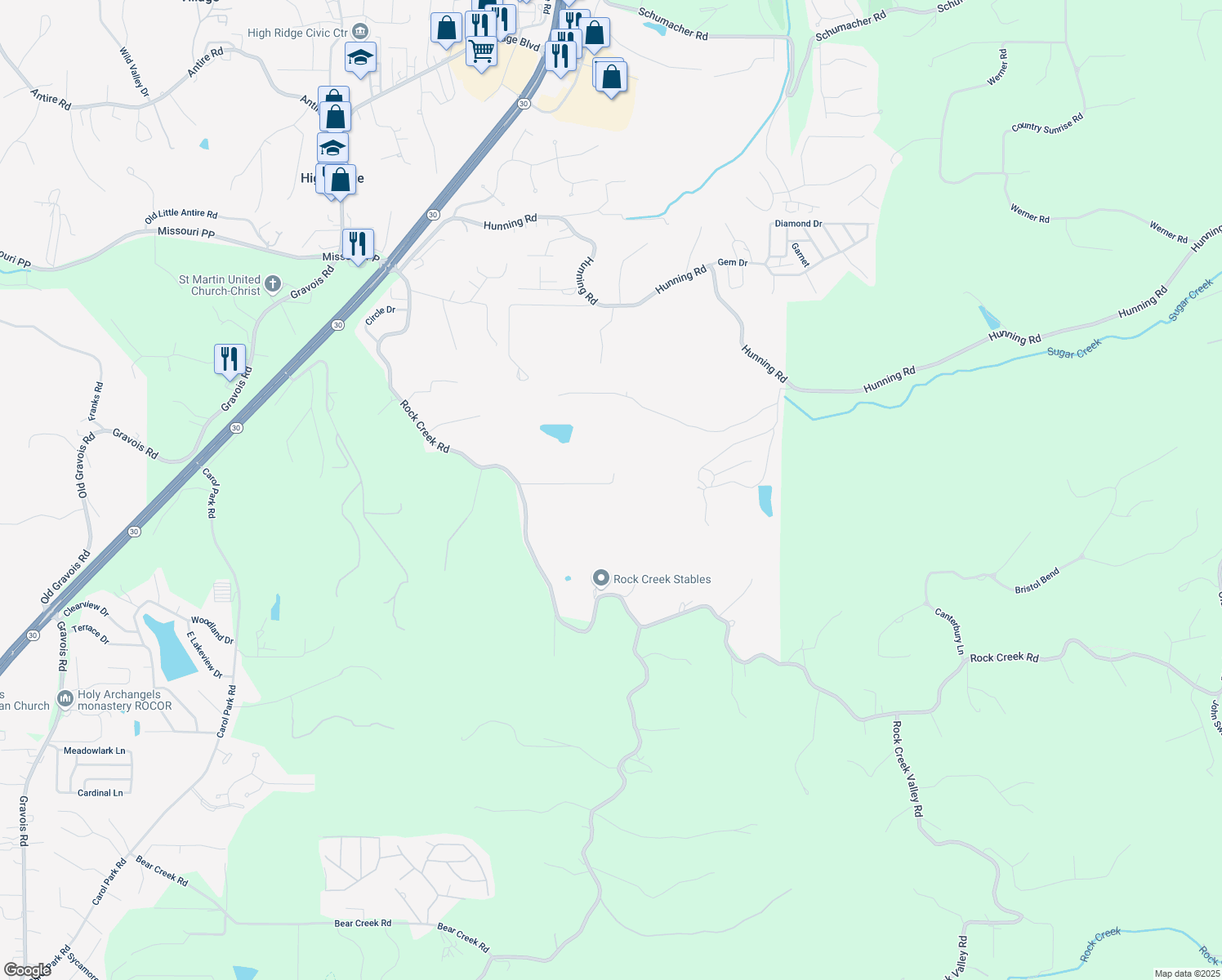 map of restaurants, bars, coffee shops, grocery stores, and more near 5308 Terry Drive in High Ridge