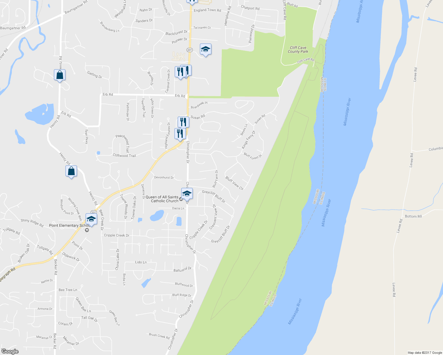map of restaurants, bars, coffee shops, grocery stores, and more near 241 Bluff View Circle in St. Louis