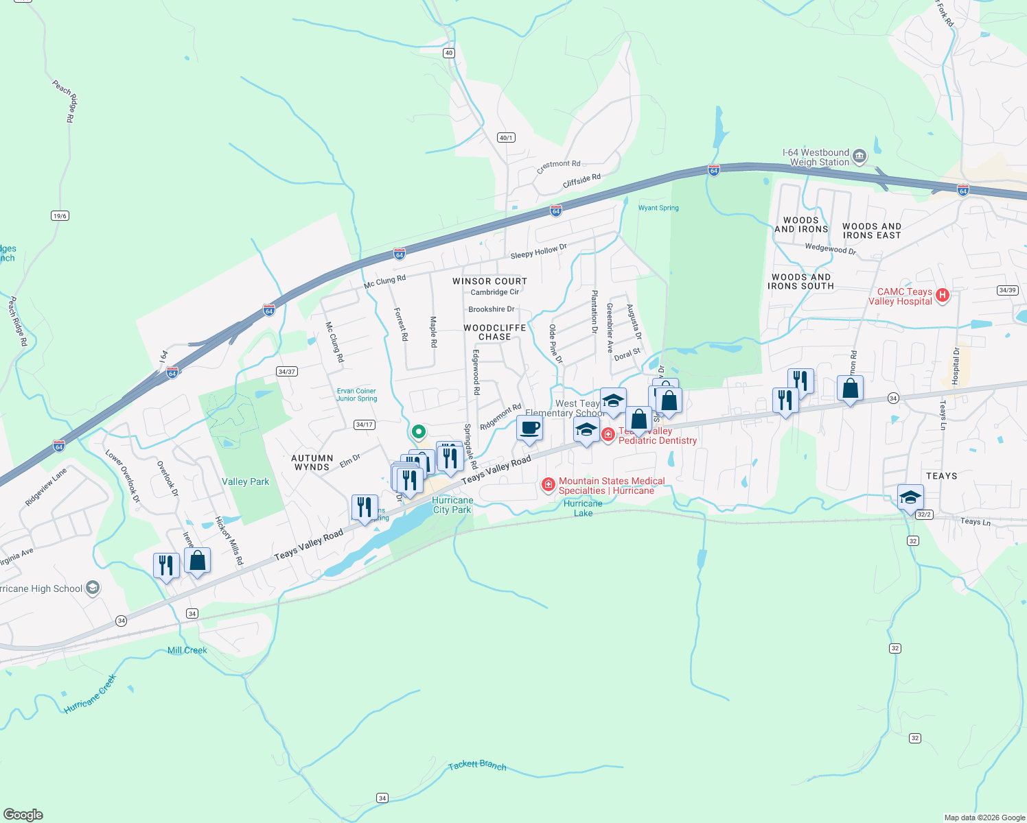 map of restaurants, bars, coffee shops, grocery stores, and more near 138 Ridgemont Rd in Hurricane