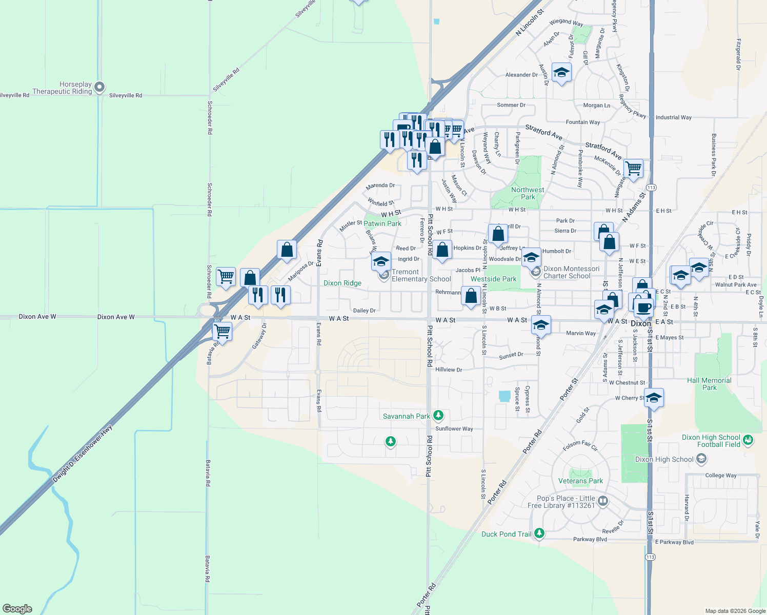 map of restaurants, bars, coffee shops, grocery stores, and more near 210 Ahern Lane in Dixon