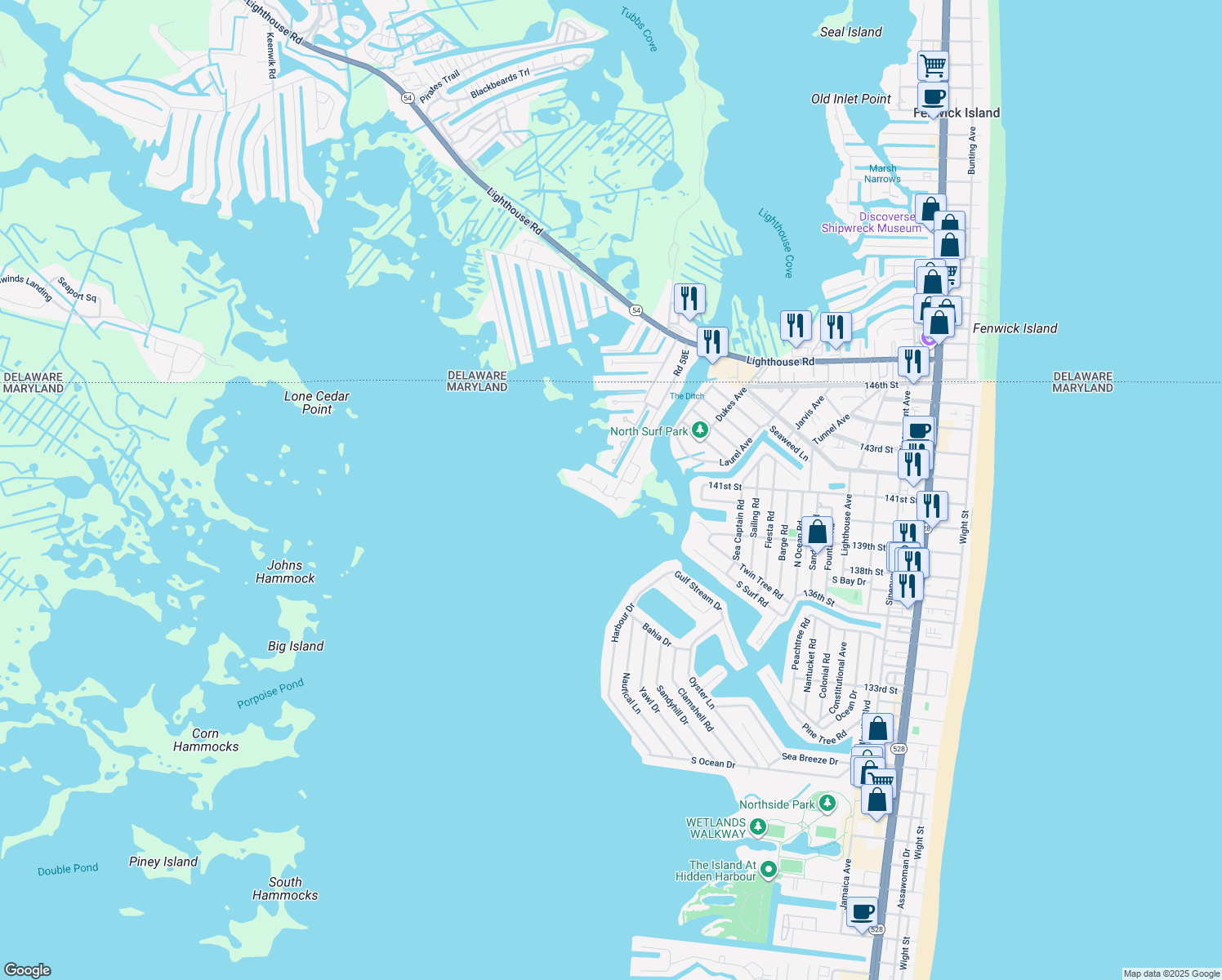 map of restaurants, bars, coffee shops, grocery stores, and more near 13506 Yellow Banks Court in Ocean City