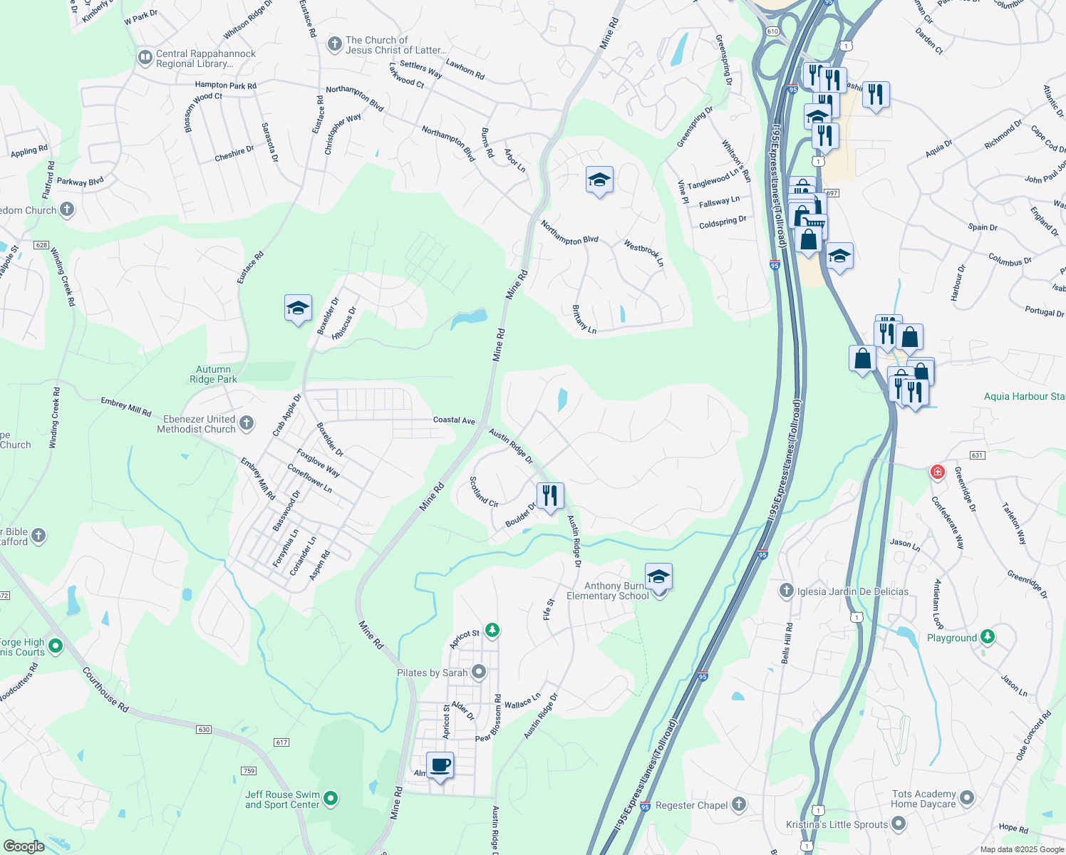 map of restaurants, bars, coffee shops, grocery stores, and more near 10 Francis Court in Stafford