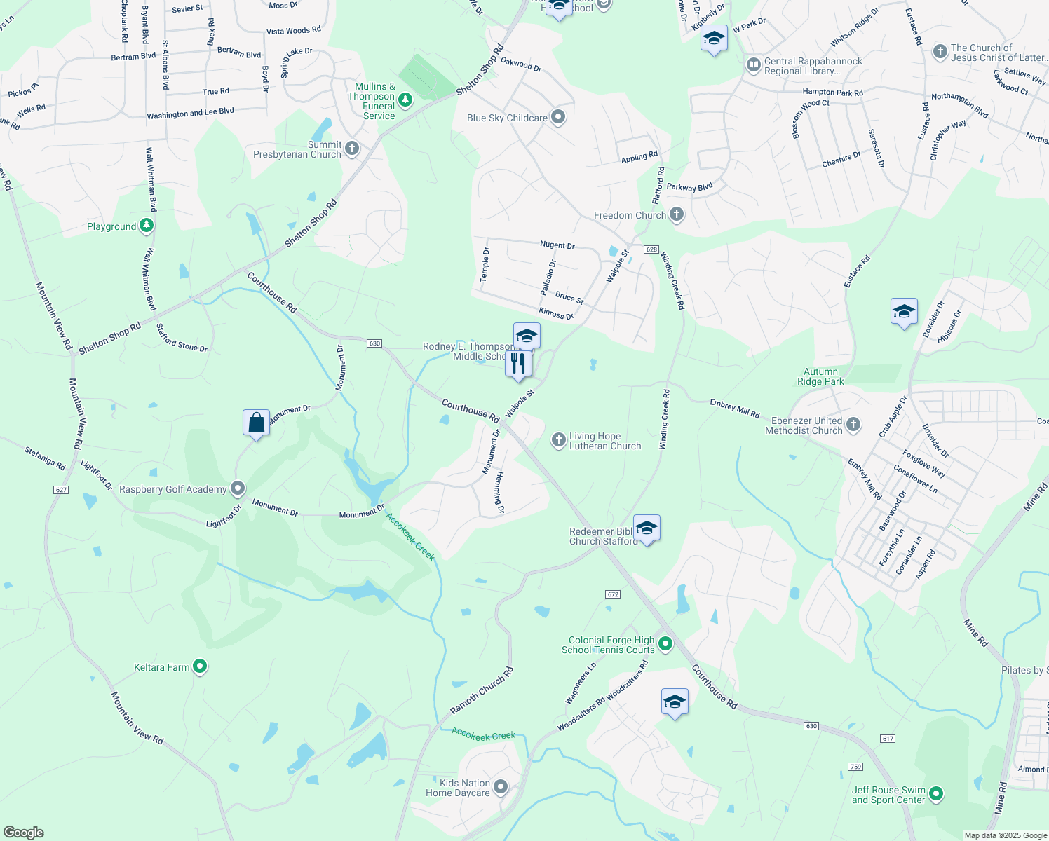 map of restaurants, bars, coffee shops, grocery stores, and more near 283 Courthouse Road in Stafford