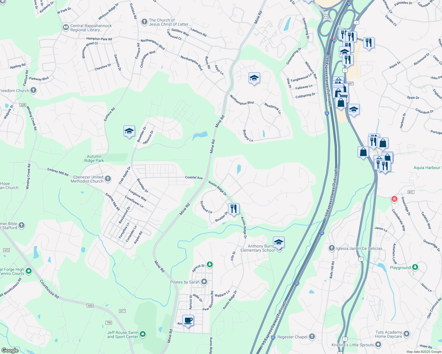 map of restaurants, bars, coffee shops, grocery stores, and more near 4 Morrissey Stone Court in Stafford