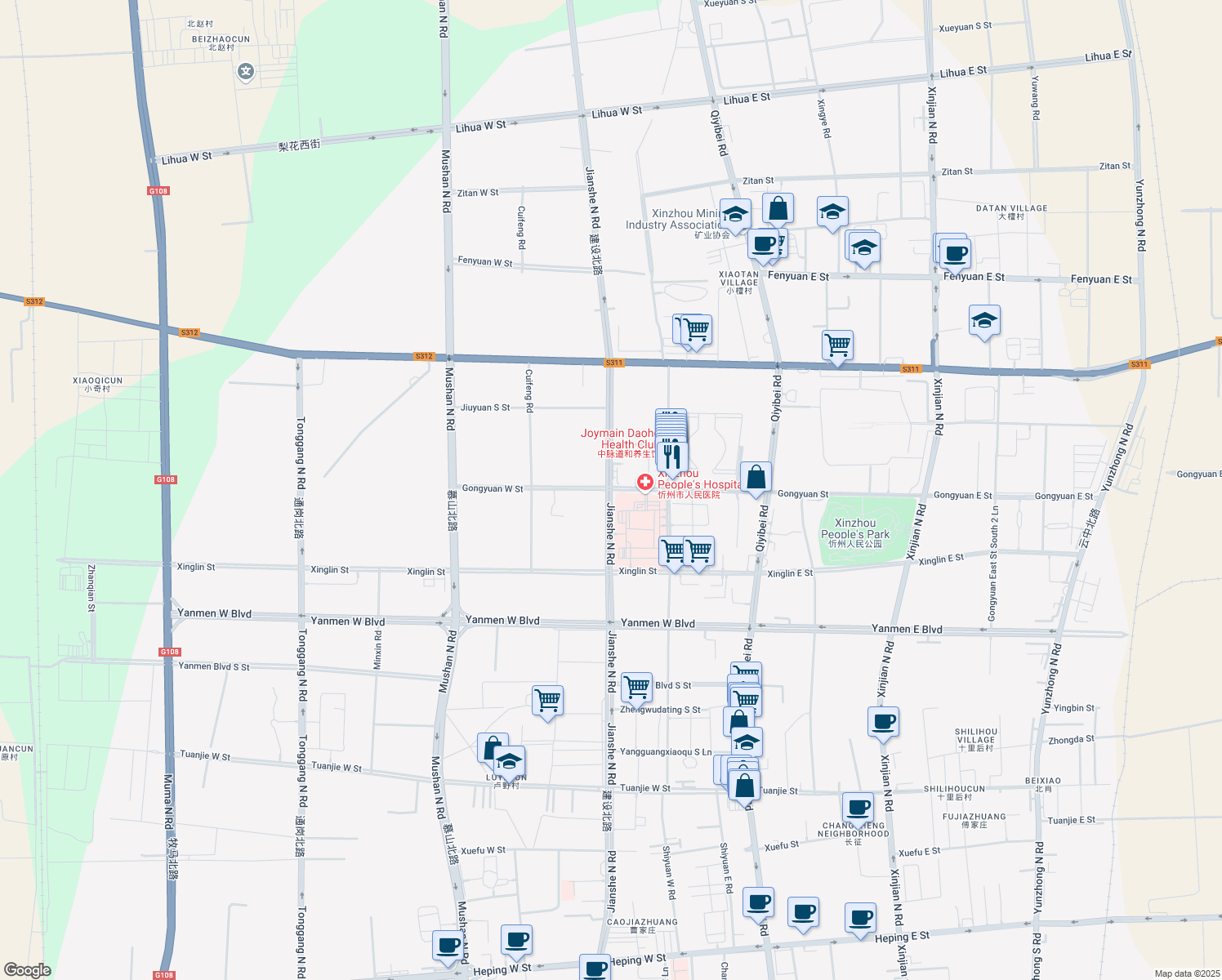 map of restaurants, bars, coffee shops, grocery stores, and more near Gong Yuan Xi Jie in Xin Zhou Shi