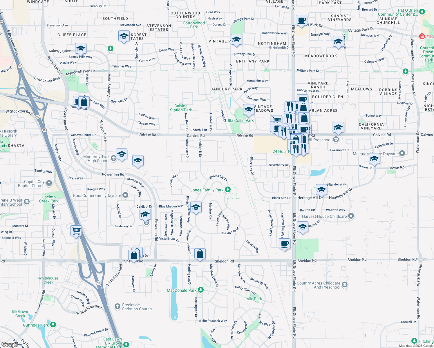 map of restaurants, bars, coffee shops, grocery stores, and more near 8523 Pinedrops Court in Elk Grove