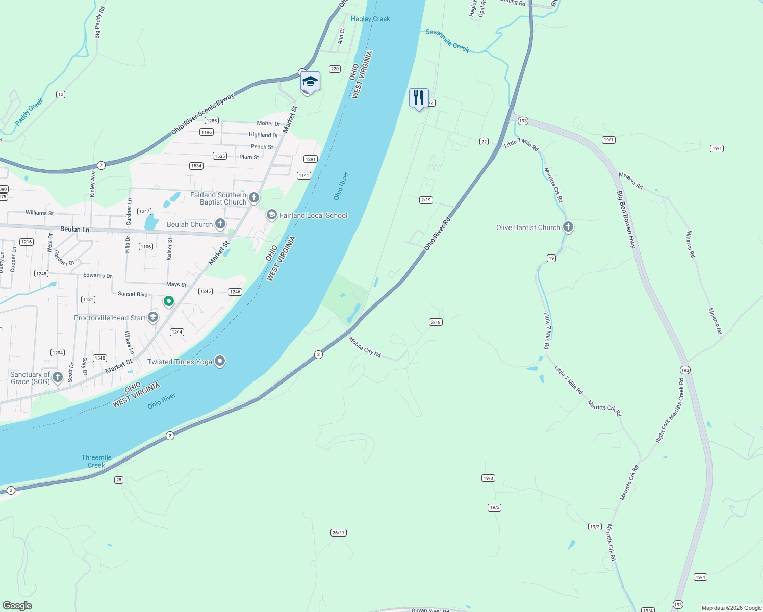 map of restaurants, bars, coffee shops, grocery stores, and more near 5819 Ohio River Road in Huntington