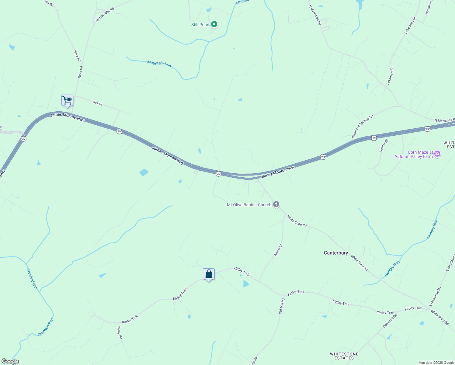 map of restaurants, bars, coffee shops, grocery stores, and more near 8160 James Monroe Highway in Culpeper
